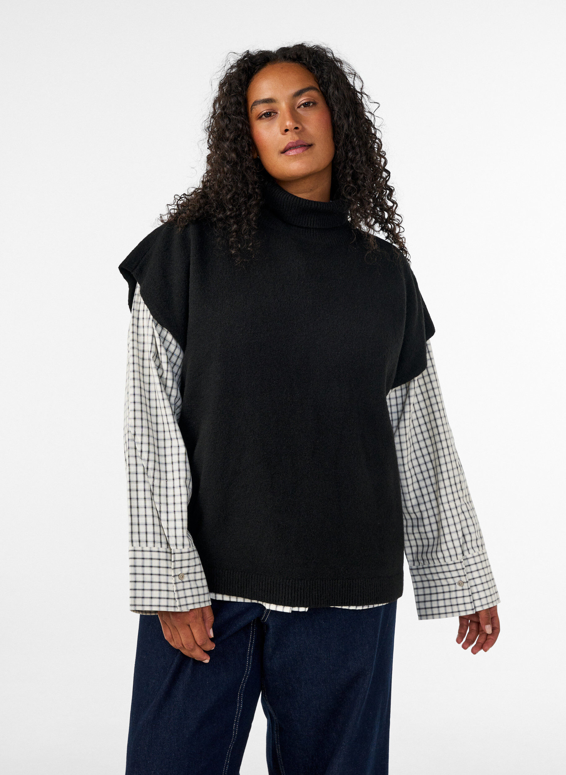 ZizziGebreide vest met col, Zwart, Model image number 3