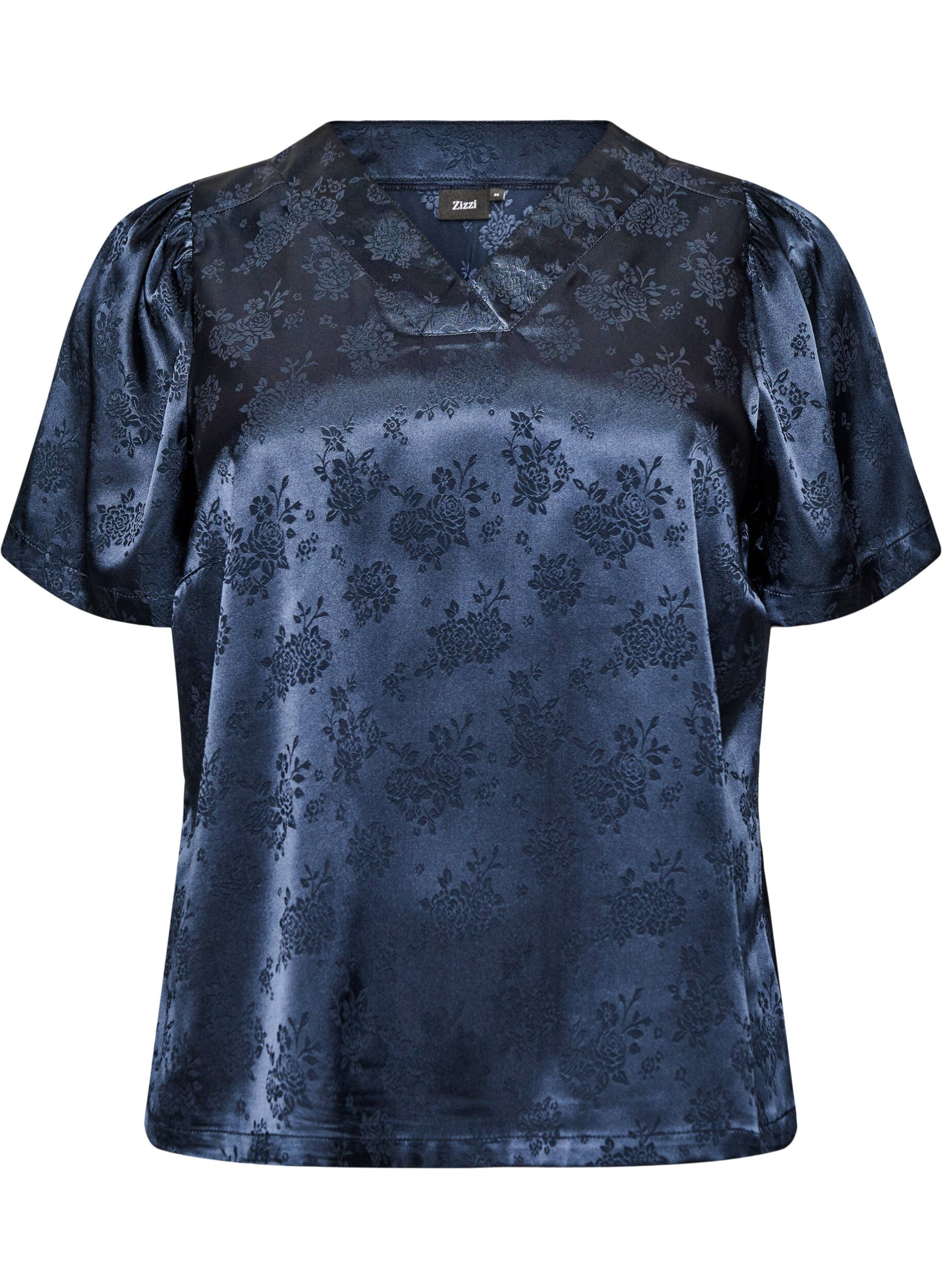 ZizziSatijnen blouse met bloemenprint en V-hals, Blauw, Packshot image number 0