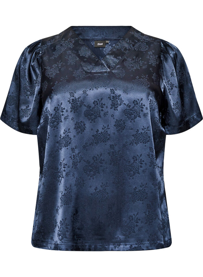 Satijnen blouse met bloemenprint en V-hals, Blauw, Packshot image number 0