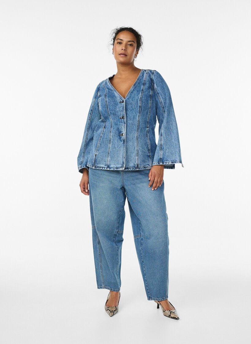Denimjack met vormende naden en een V-hals, Blauw, Model image number 1