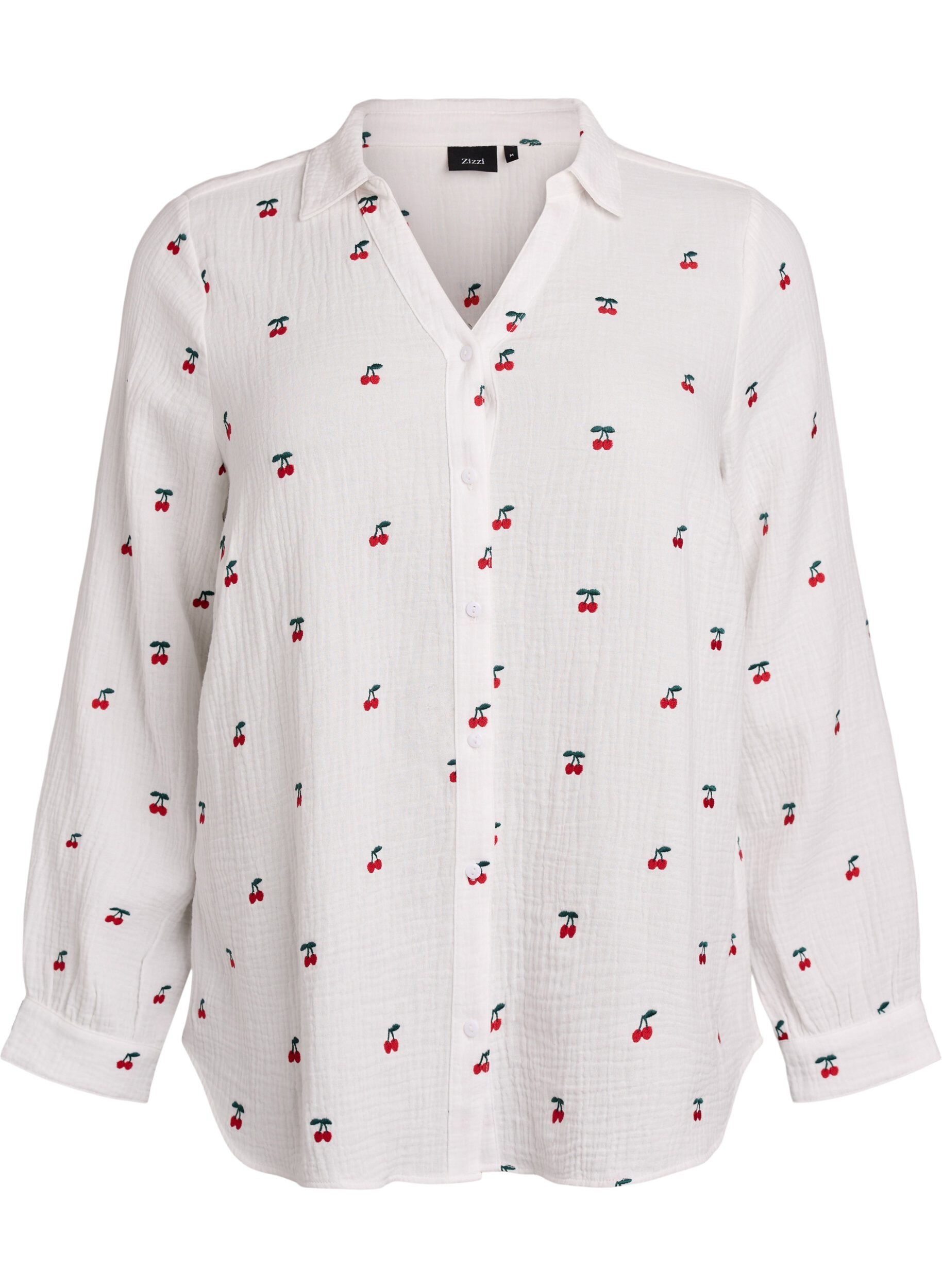 Zizzi Blouse van katoen mousseline met lange mouwen en geborduurde motieven, Vanille, Packshot image number 0
