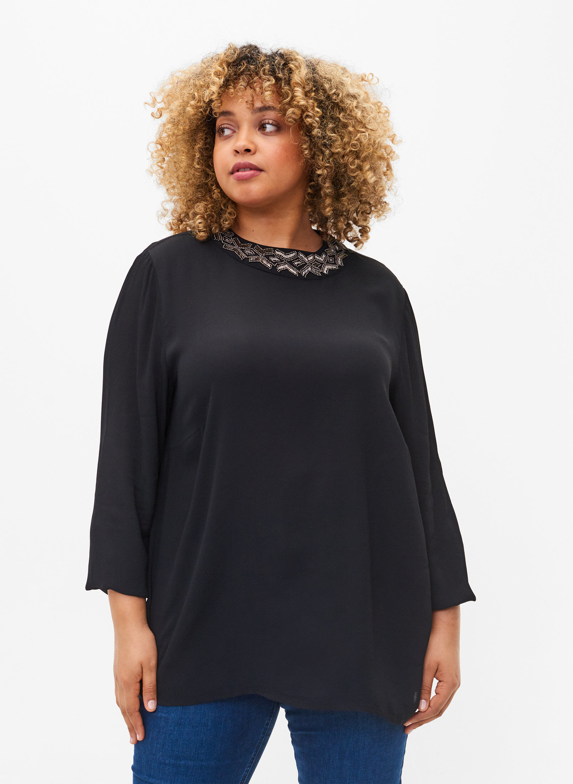Zizzi Viscose blouse met lange mouwen en parels, Black, Model image number 0