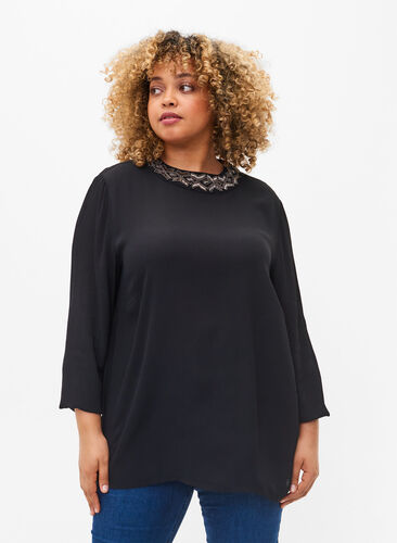 Viscose blouse met lange mouwen en parels, Black, Model image number 0