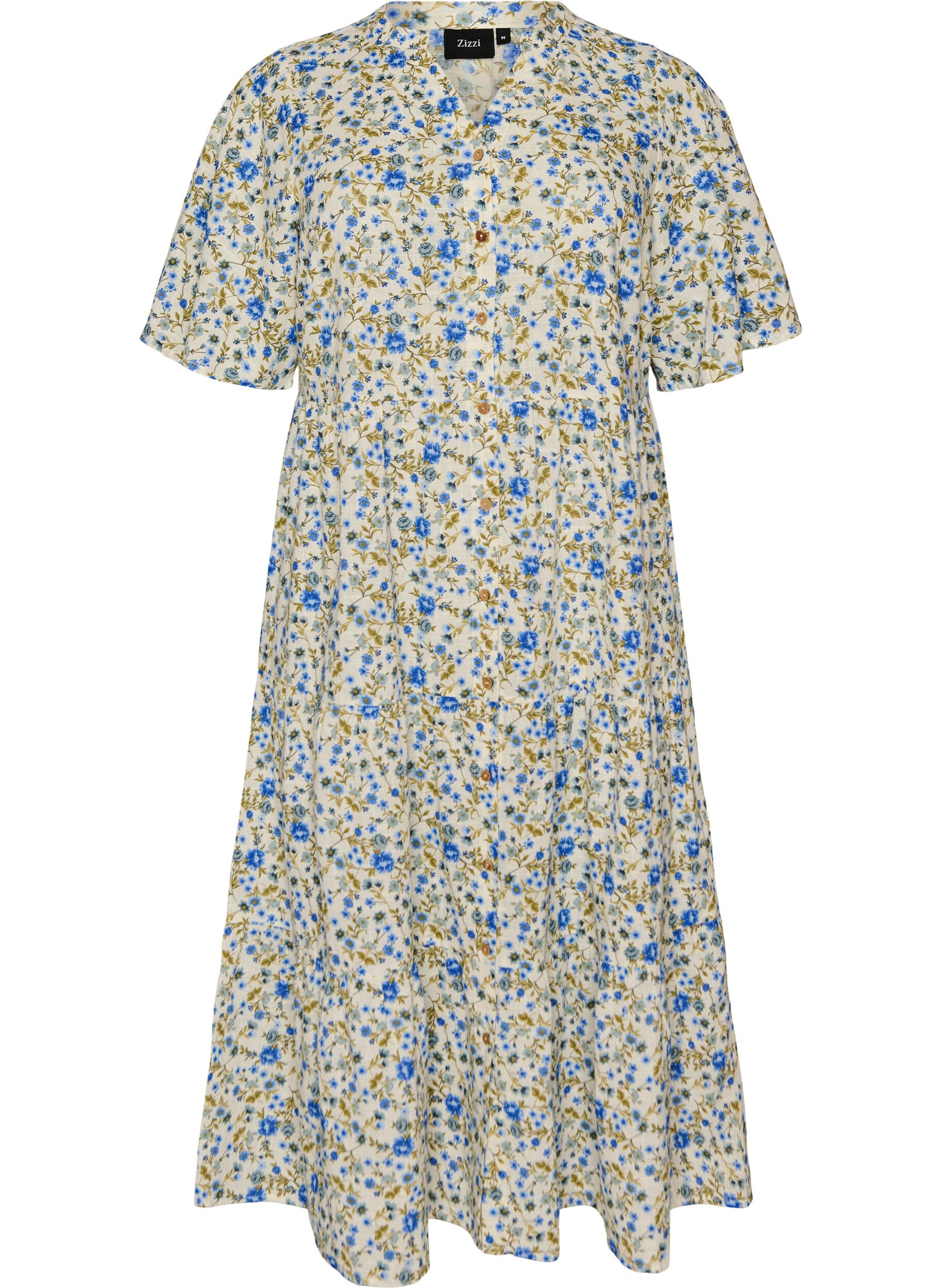 ZizziKatoenen midi jurk met bloemenprint, Blauw, Packshot image number 0