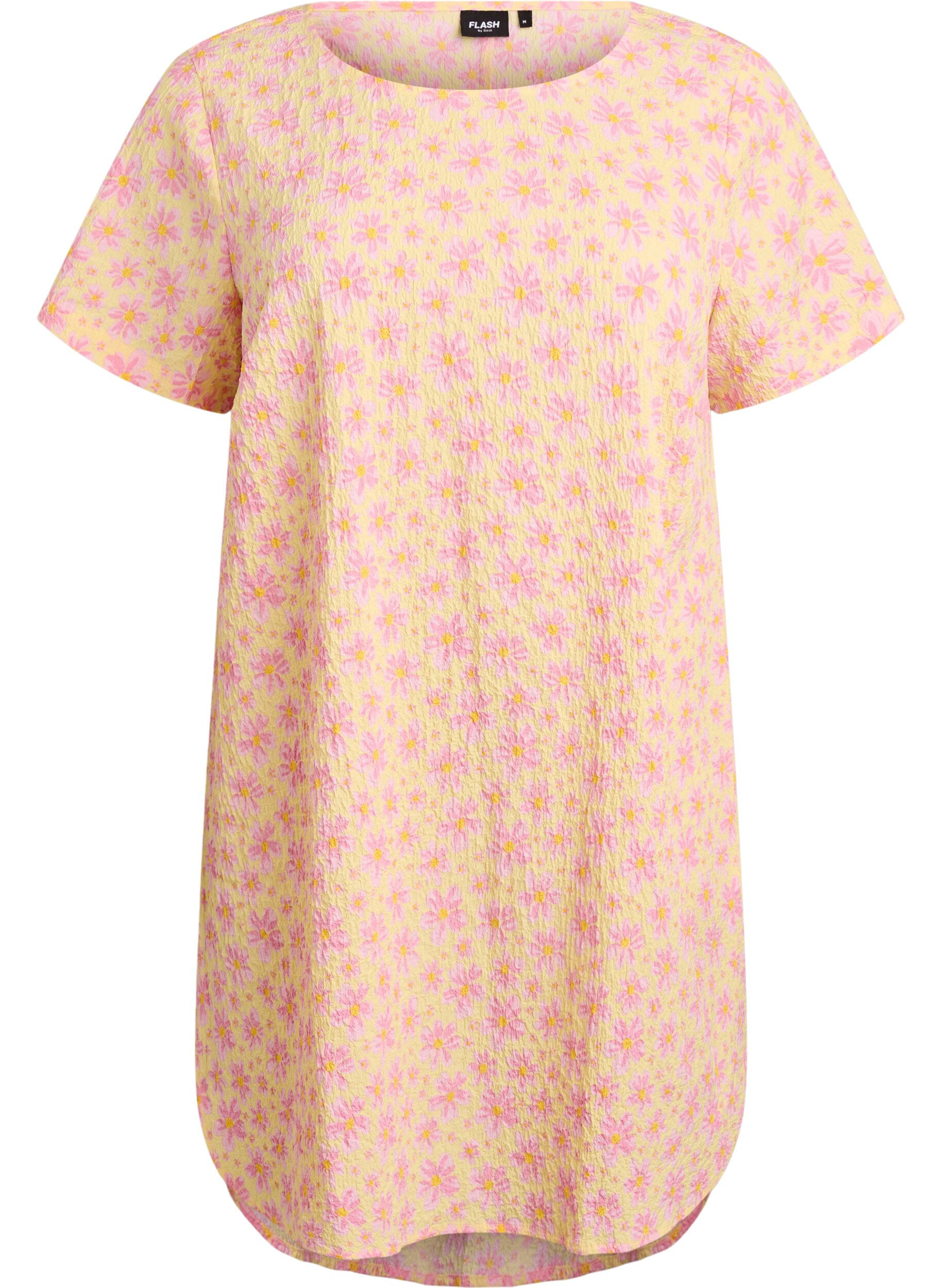 ZizziKorte jurk met een gekreukte textuur en korte mouwen, Geel, Packshot image number 0