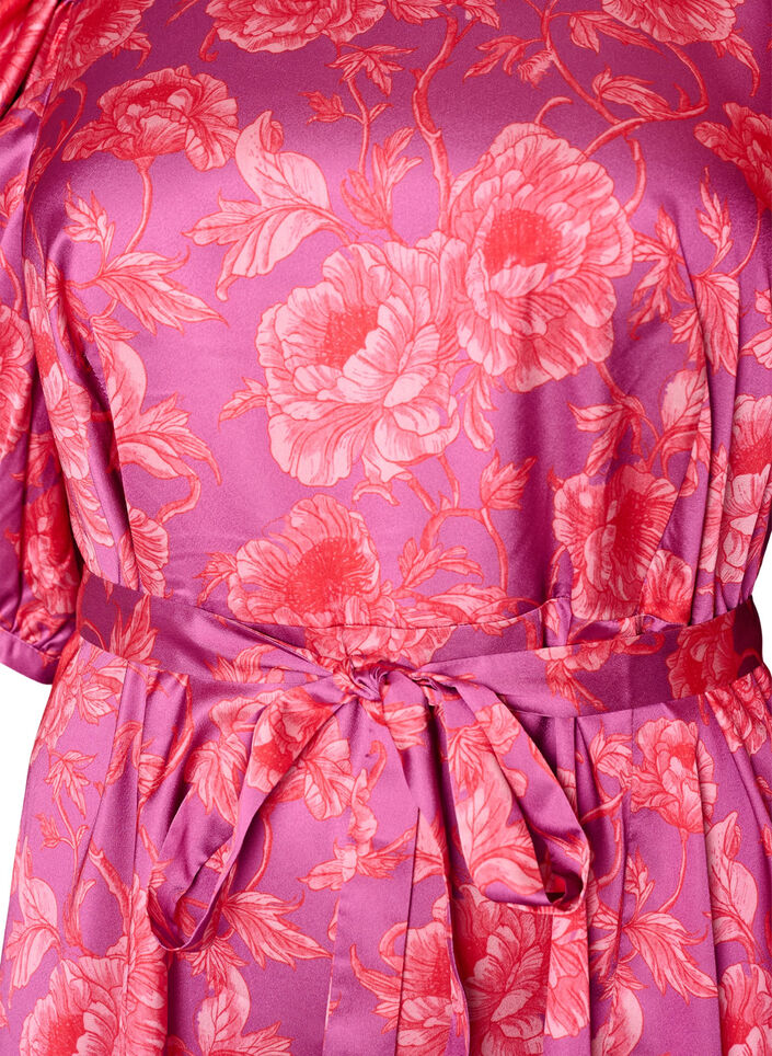 Bloemenjurk met pofmouwen en strikceintuur, Roze, Packshot image number 2