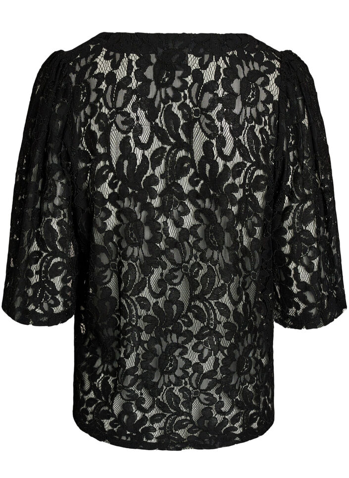 Kanten blouse met korte mouwen en V-hals, Zwart, Packshot image number 1