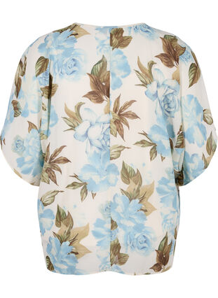 Bedrukte blouse met strikkoord en korte mouwen, Cloud Dancer Flower , Packshot image number 1