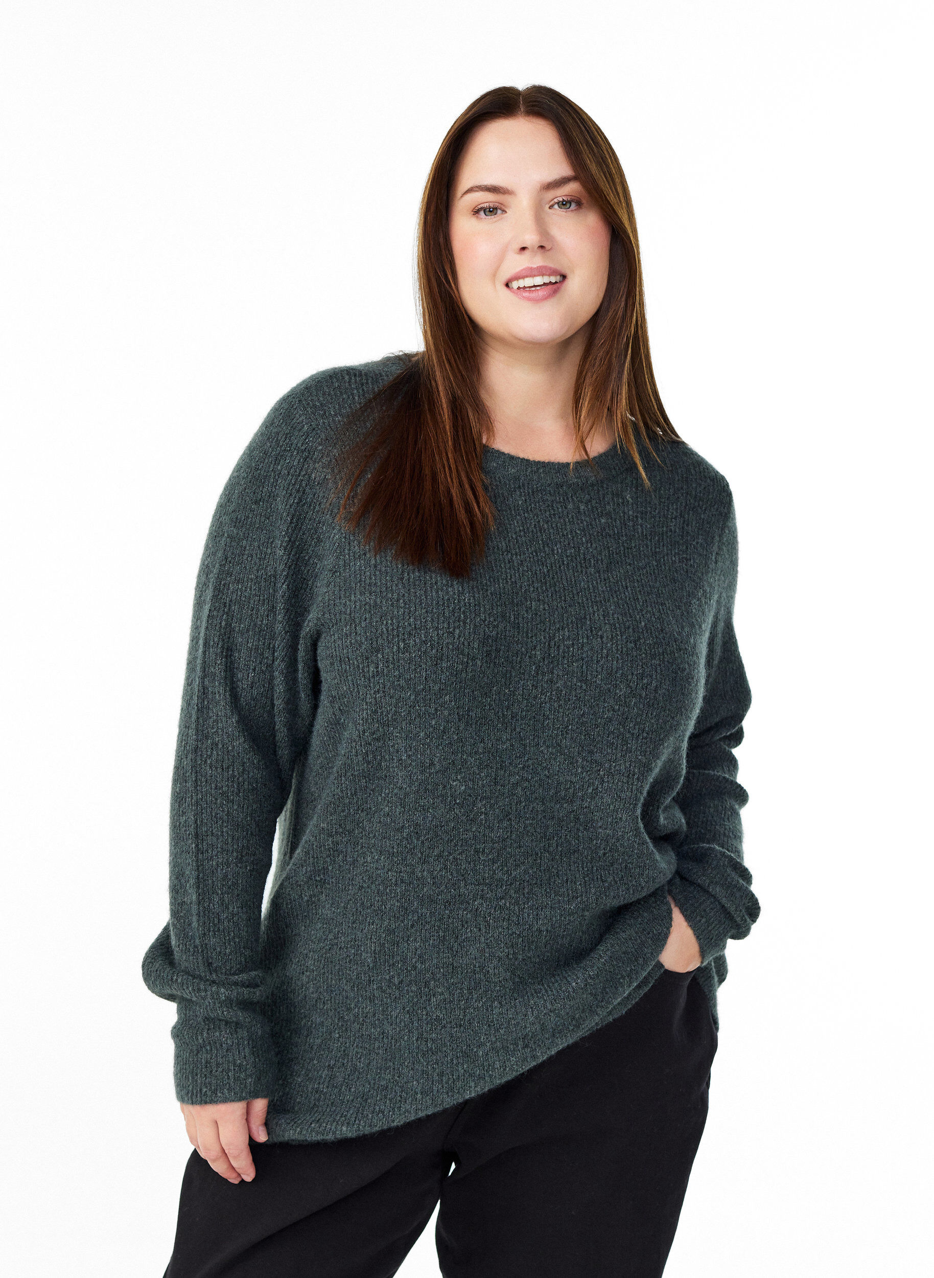 Gem&ecirc;leerde gebreide blouse met ronde hals, Groen, Model