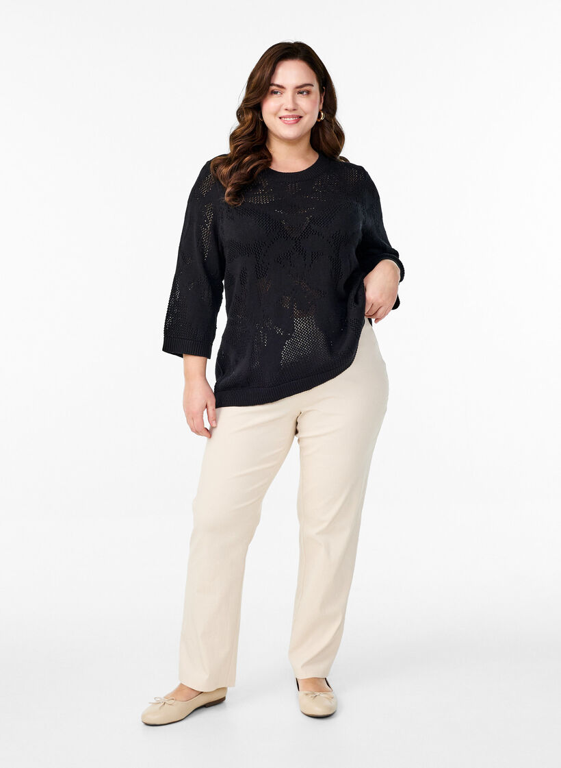Gebreide blouse met een opengewerkt patroon en 3/4 mouwen, Black, Model image number 2