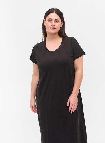 Gestreepte midi-jurk met korte mouwen, Black Solid, Model image number 1