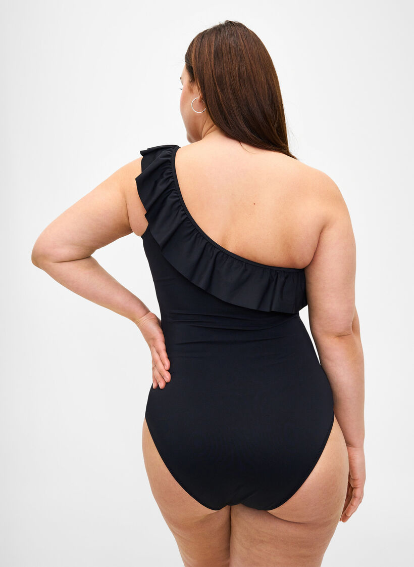 Een schouderbadpak met ruffle, Black, Model image number 1