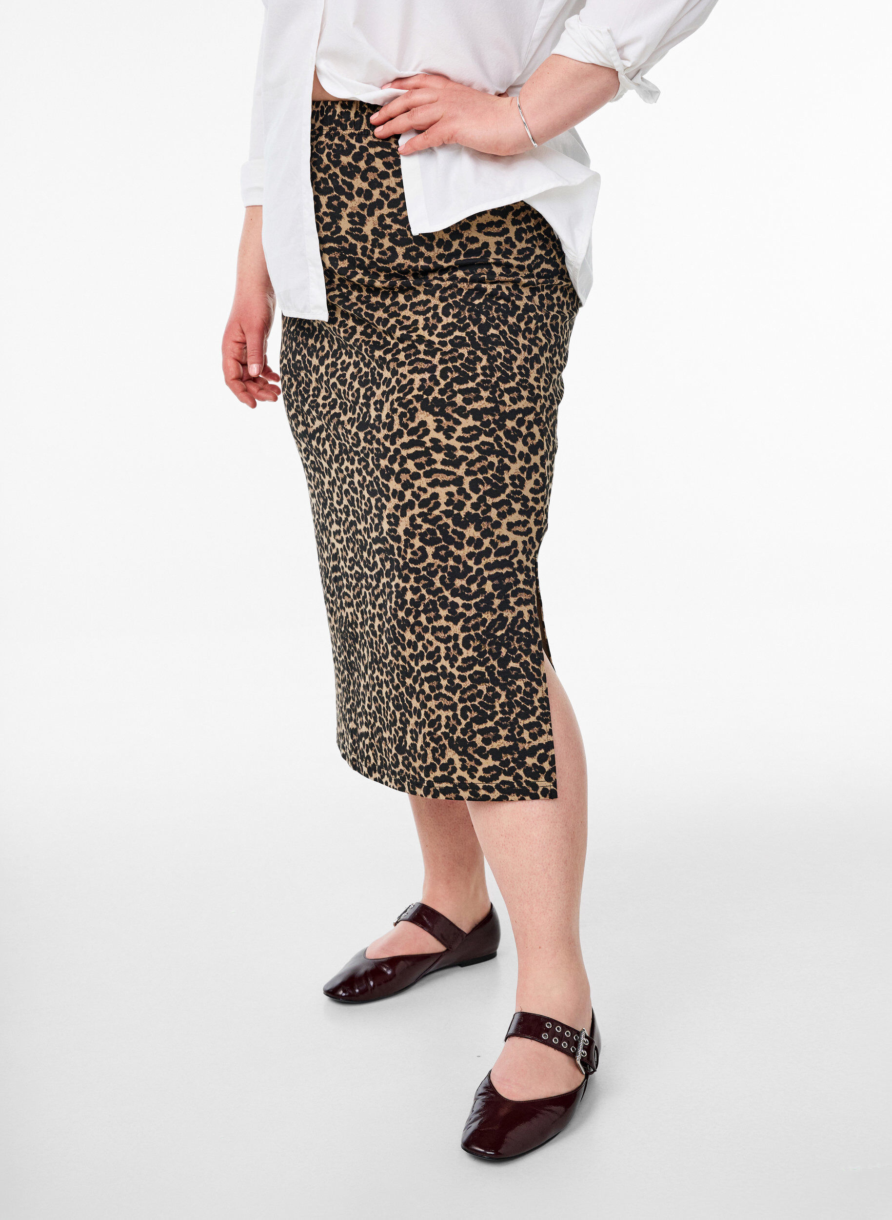 Zizzi Midi-rok met split en luipaardprint, Bruin, Model image number 2