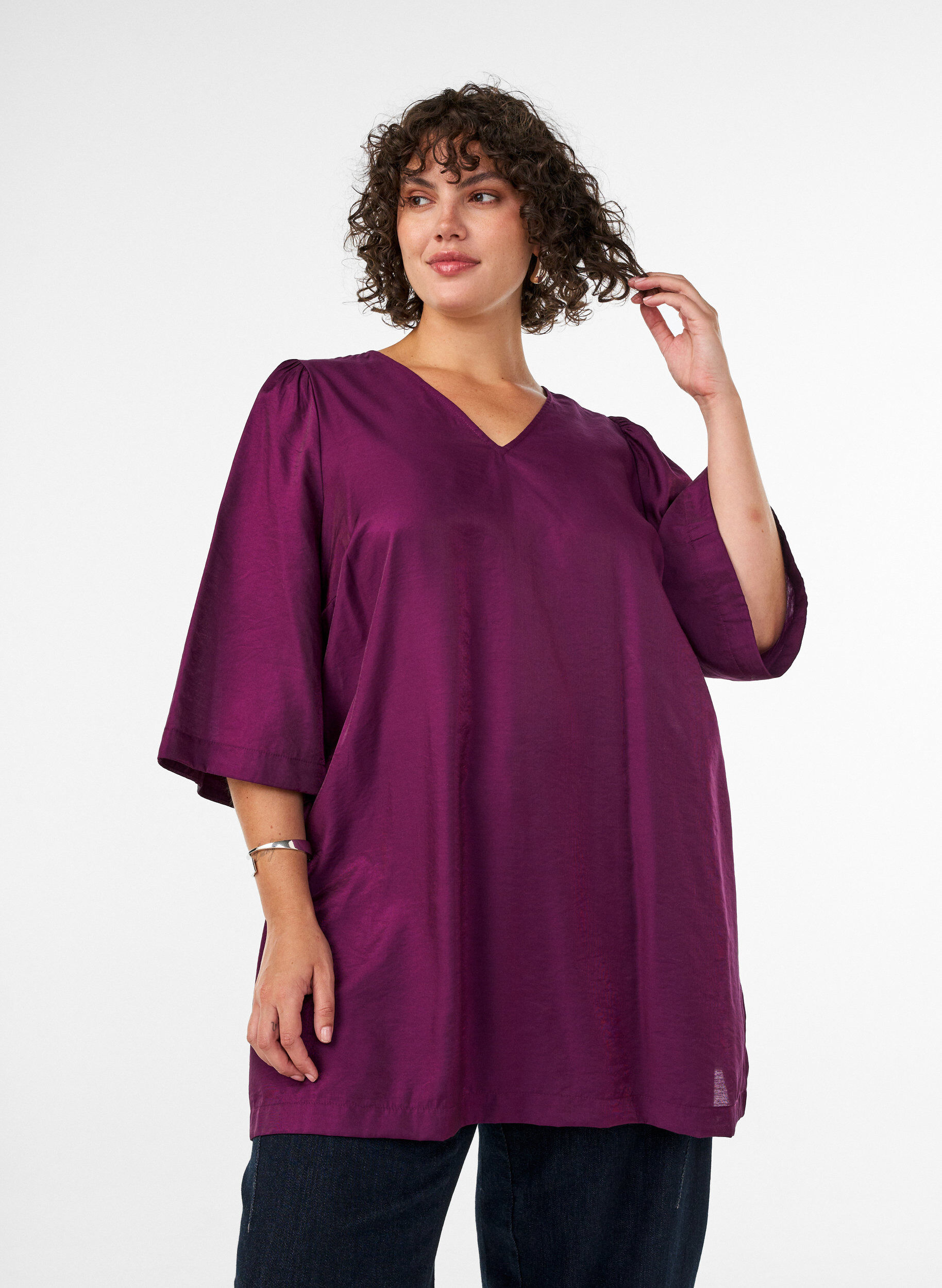 ZizziGlanzende tuniek met V-hals en 3/4 mouwen, Paars, Model image number 0