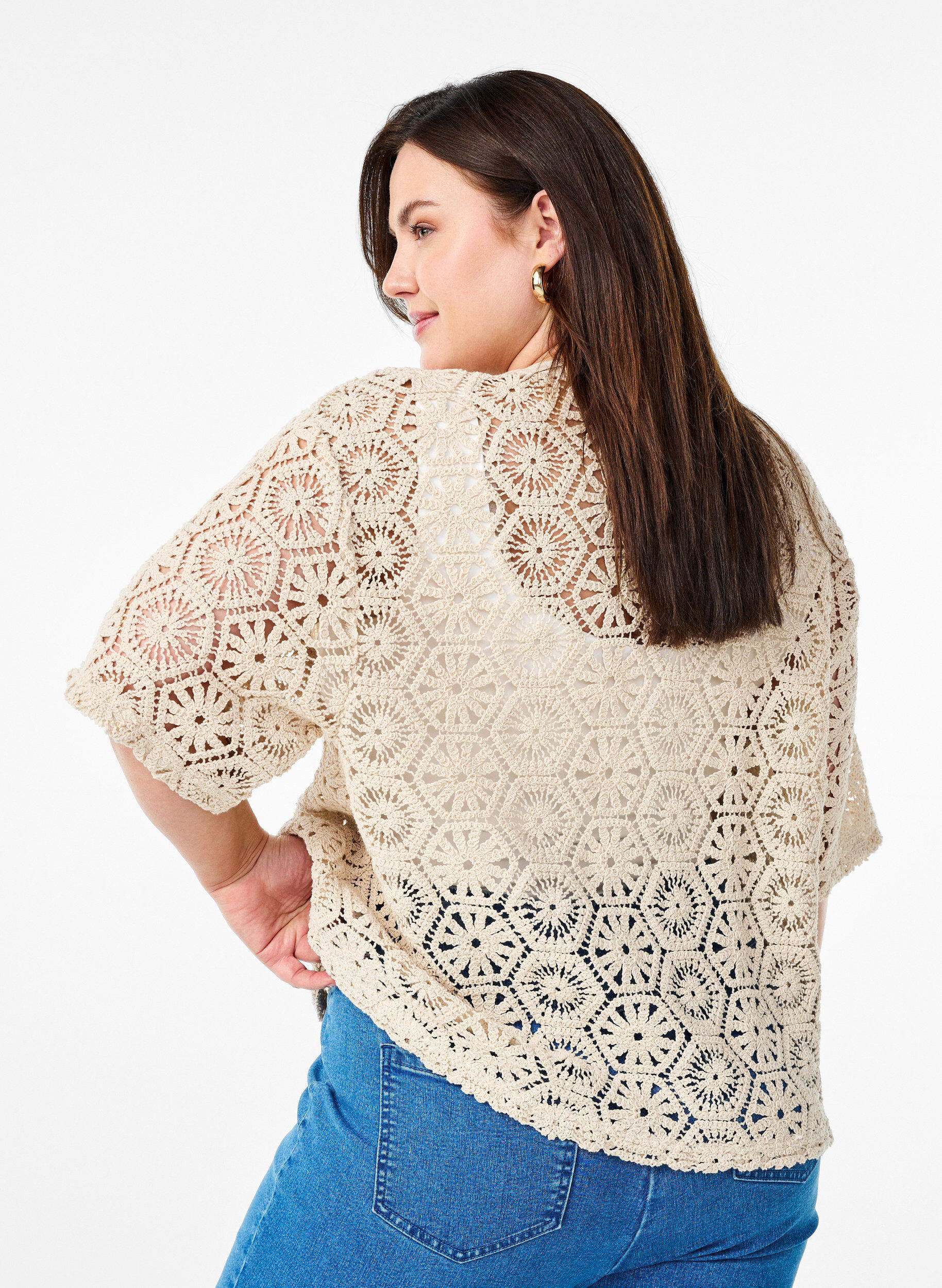 Zizzi Cardigan met korte mouwen en haakwerk, Beige, Model image number 2