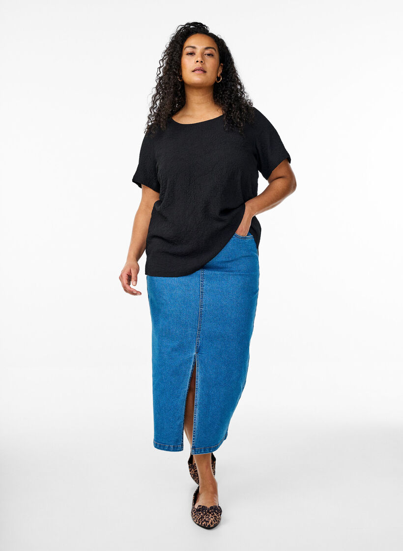 FLASH - Blouse met korte mouwen en textuur, Zwart, Model image number 1