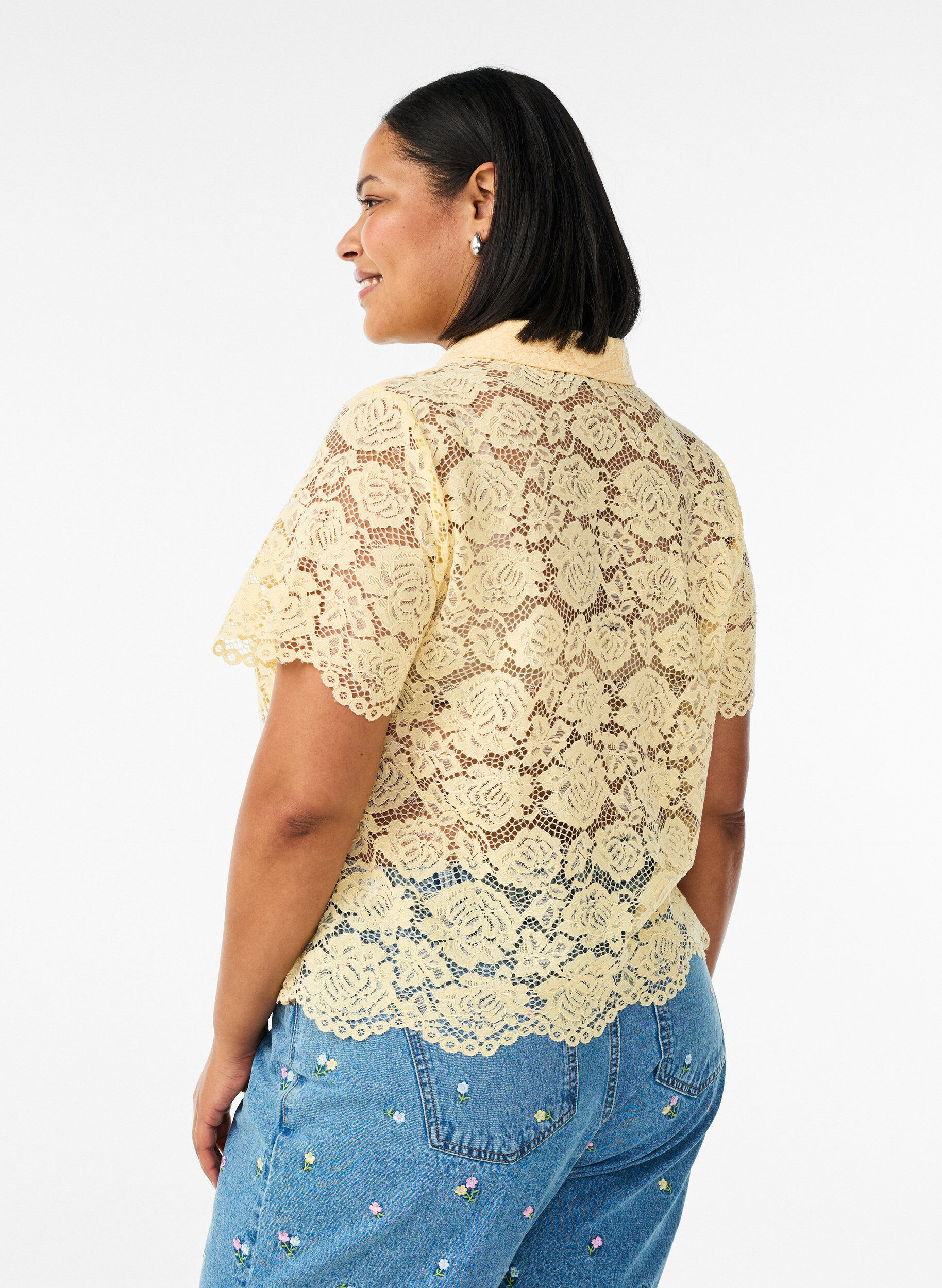 ZizziKanten shirt blouse met parelknopen, Geel, Model image number 2