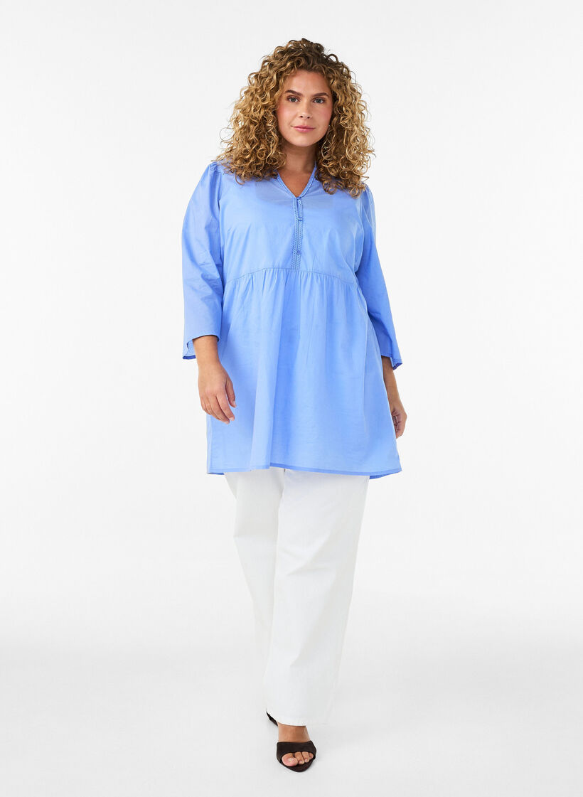 Katoenen tuniek met V-hals en crochet detail, Blauw, Model image number 1