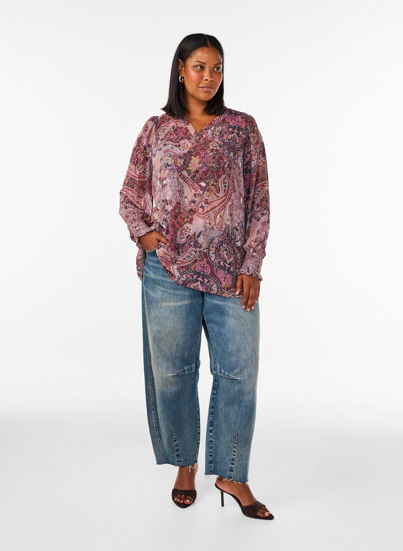 Tunic met paisleyprint en gesmokte manchetten, Roze, Model image number 1