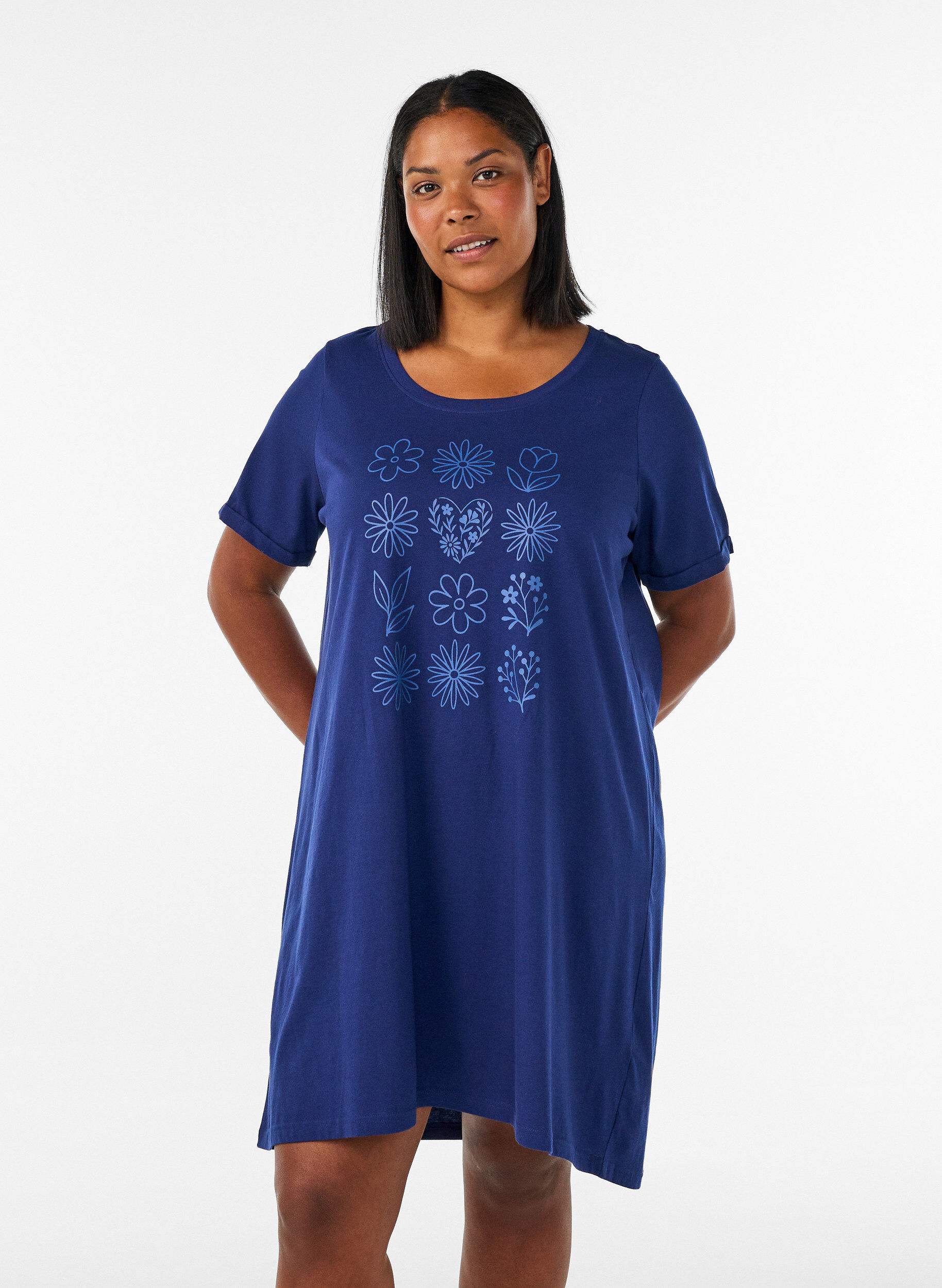 ZizziNachtjapon met korte mouw van biologisch katoen, Blauw, Model image number 0