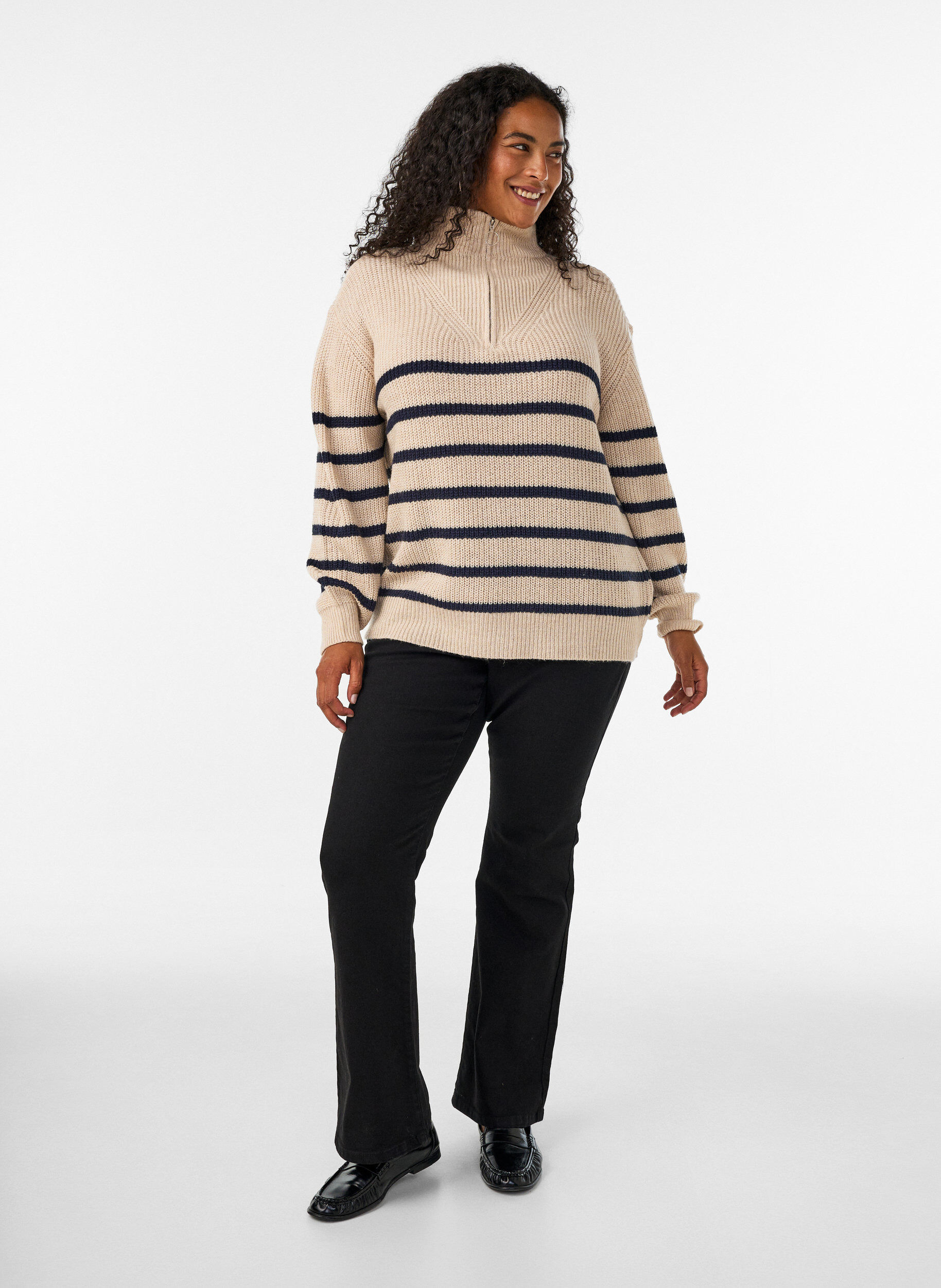 ZizziGebreide trui met hoge hals en rits, Vanille, Model image number 1