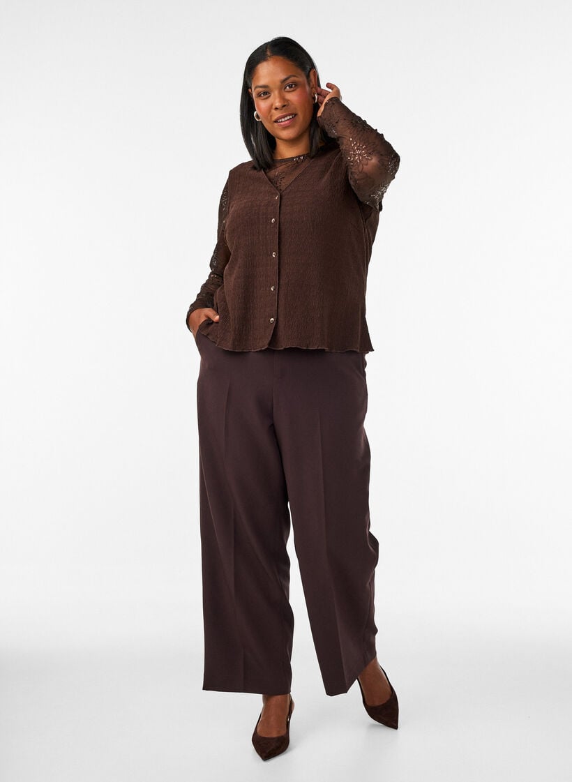 Op maat gemaakte broek met wijde pijpen en hoge taille, Bruin, Model image number 0