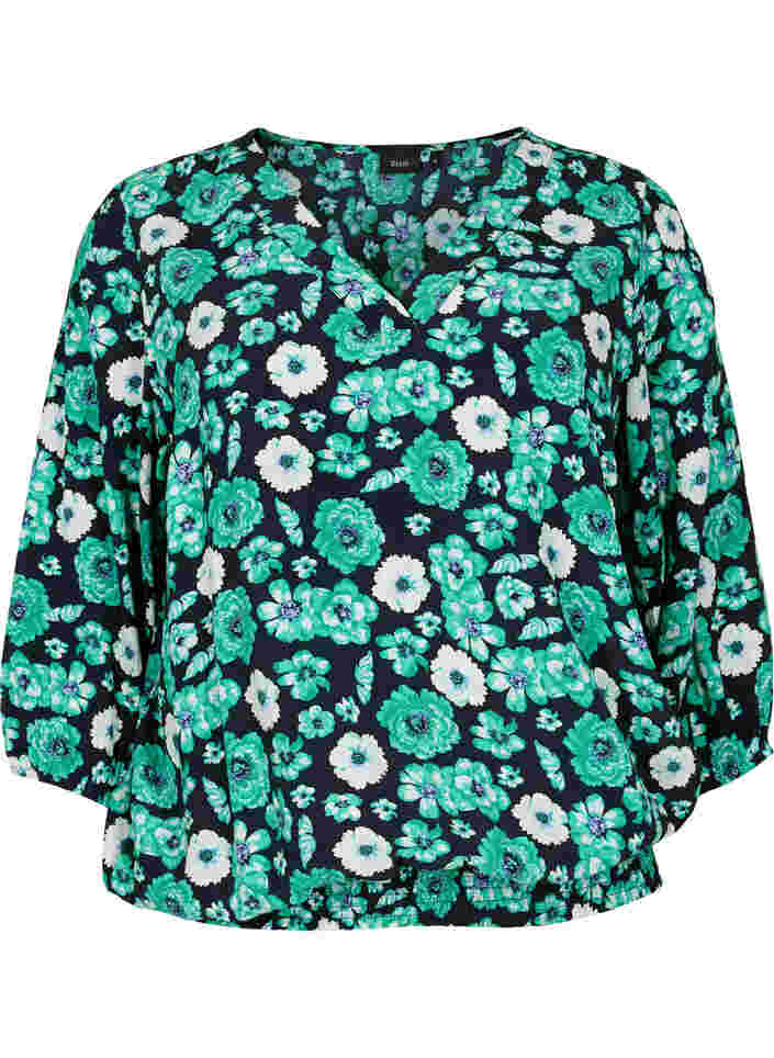 Gebloemde viscose blouse met smokwerk, Green Flower AOP, Packshot image number 0