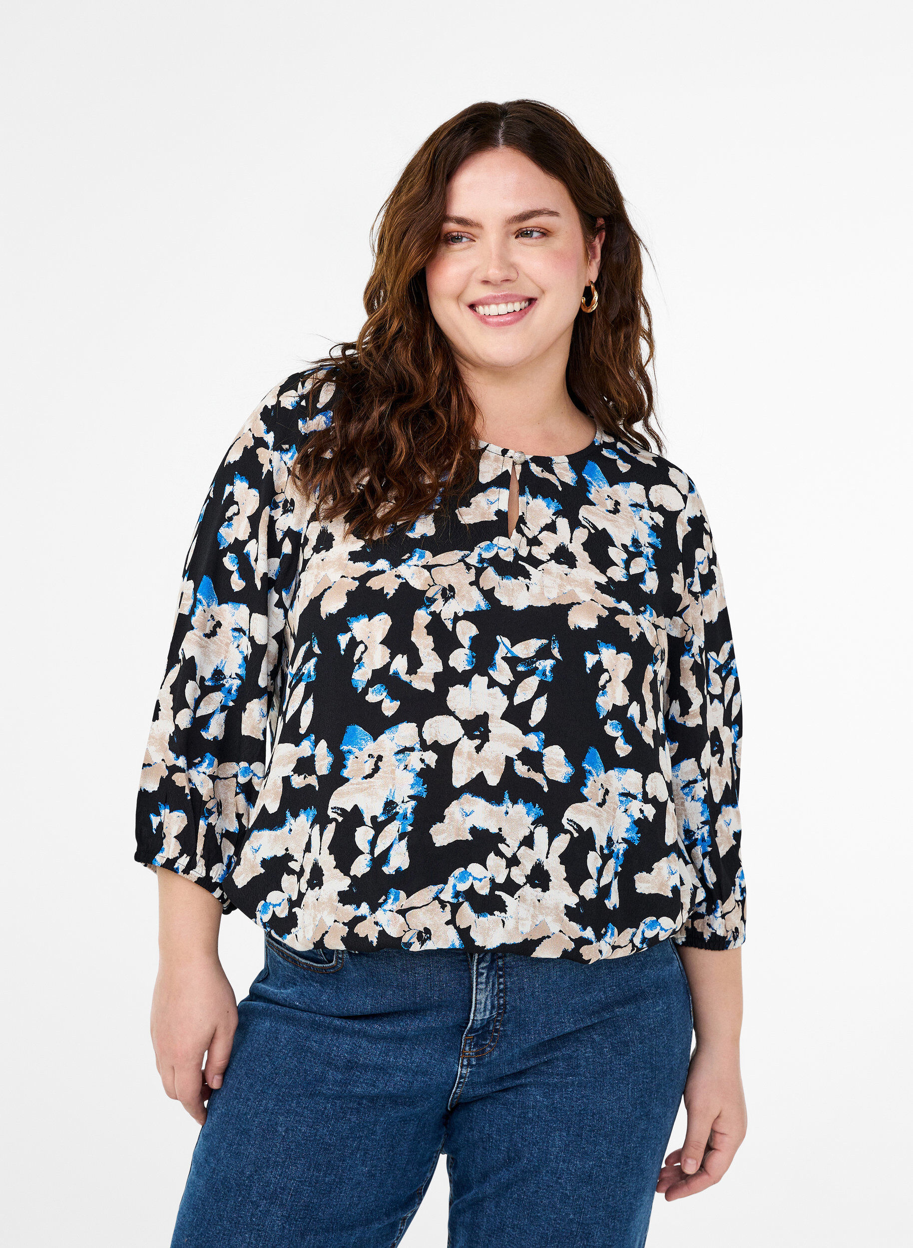 Zizzi Viscose blouse met print en smok, Zwart, Model image number 0