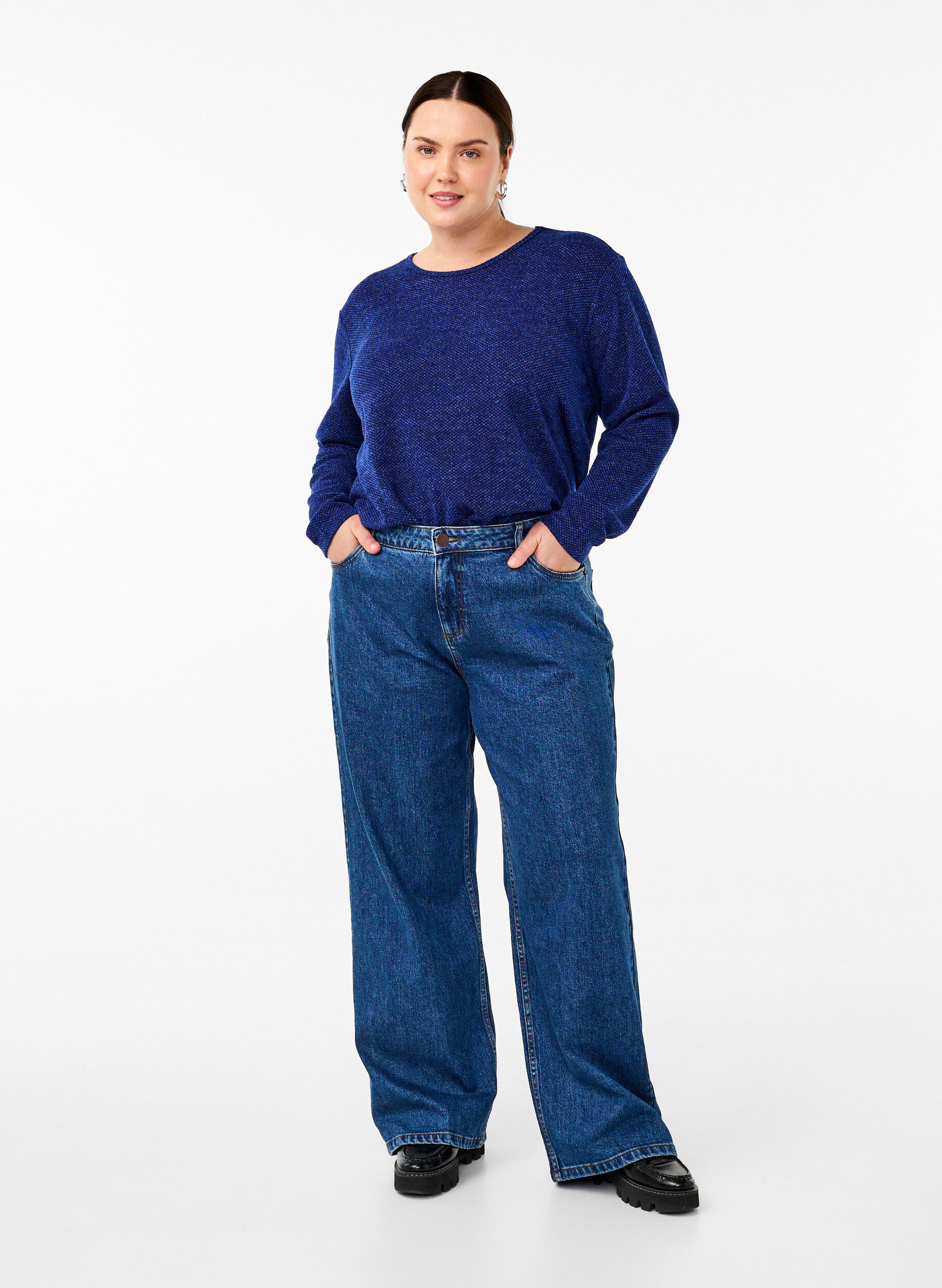 Zizzi Melange Blouse met een rond halsje en lange mouw, Sodalite Blue, Model image number 2