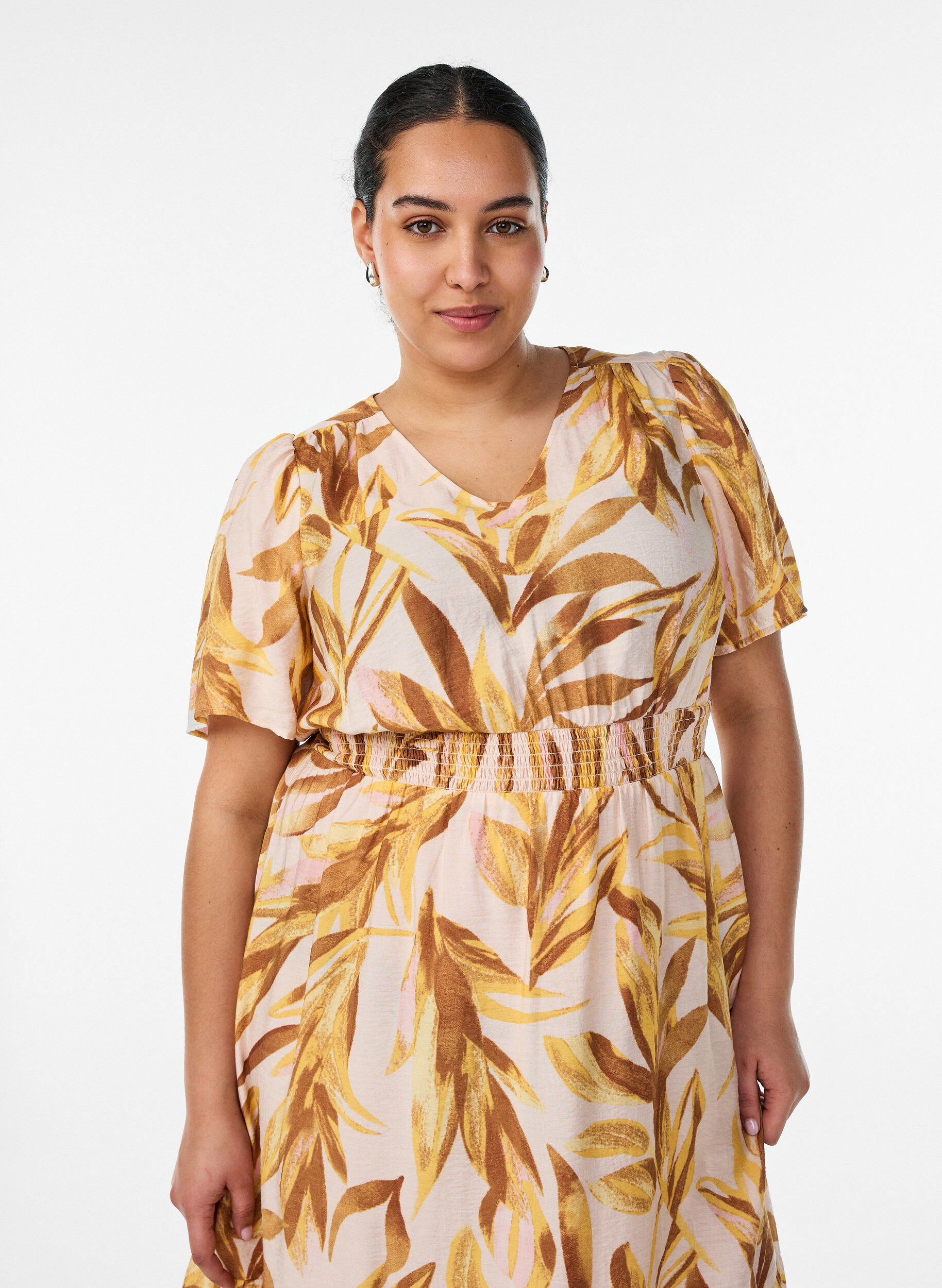 ZizziViscose midijurk met bladprint en gesmokte taille, Geel, Model image number 2