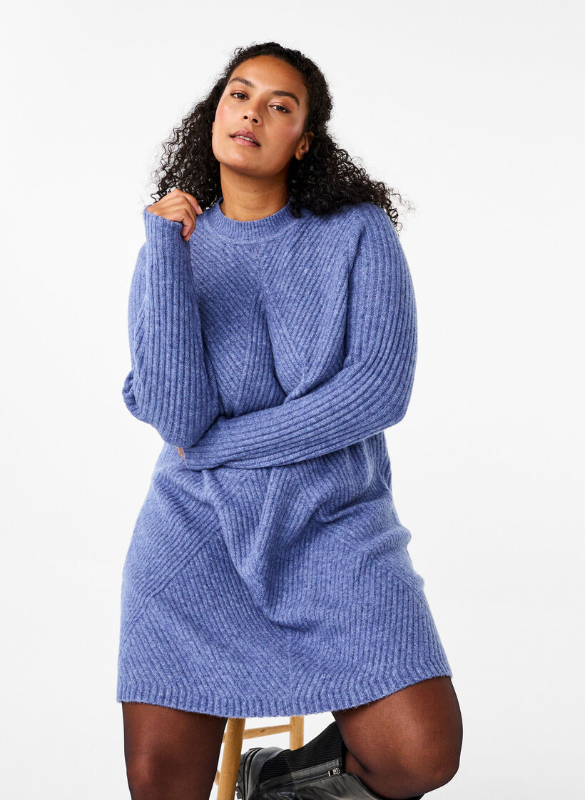 Korte geribde jurk met ronde hals, Grey Blue Mel., Image image number 0