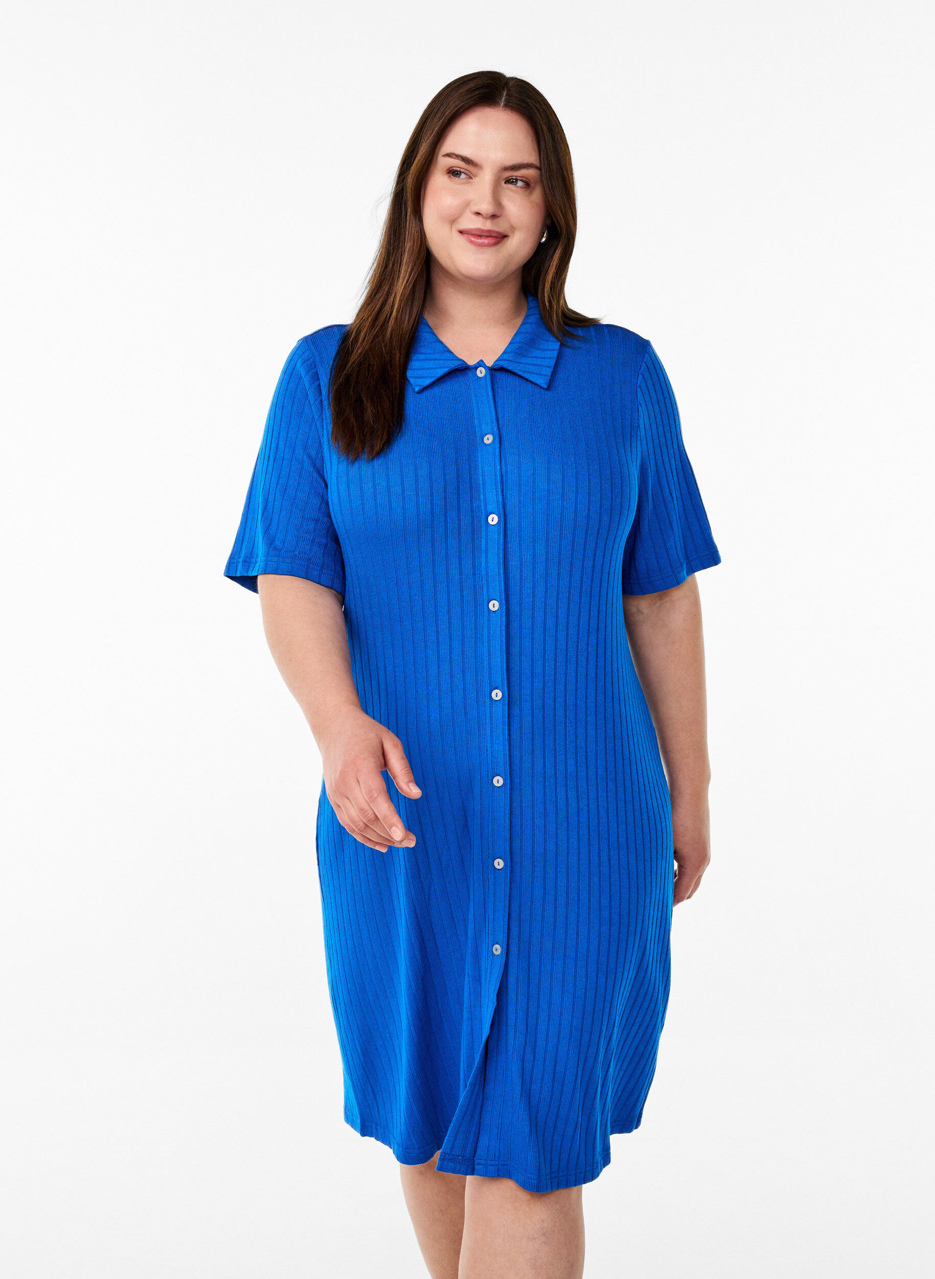 Jersey overhemdjurk met kniehoogte en korte mouwen, Blauw, Model