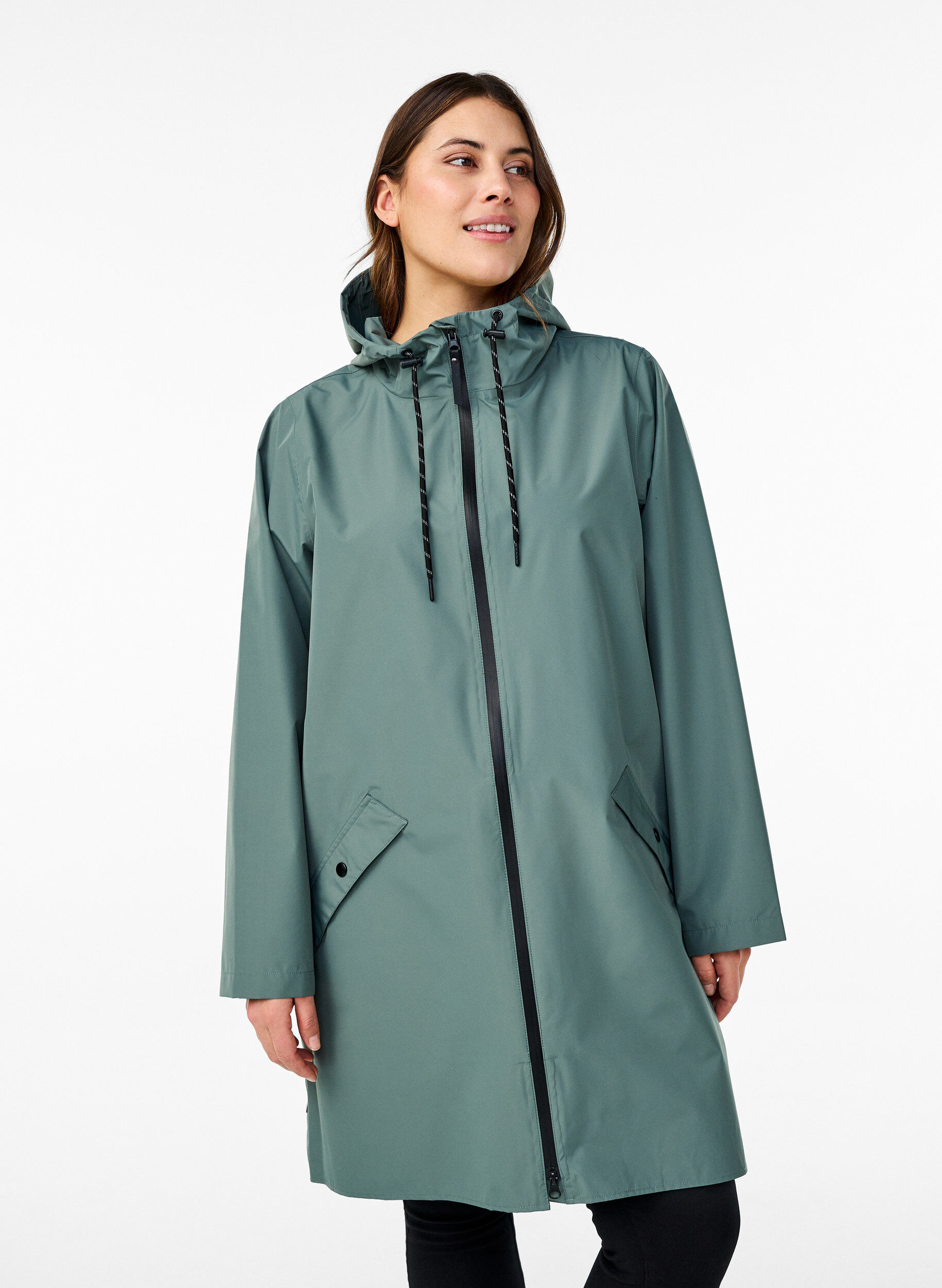 Regenjas met zakken en capuchon, Groen, Model