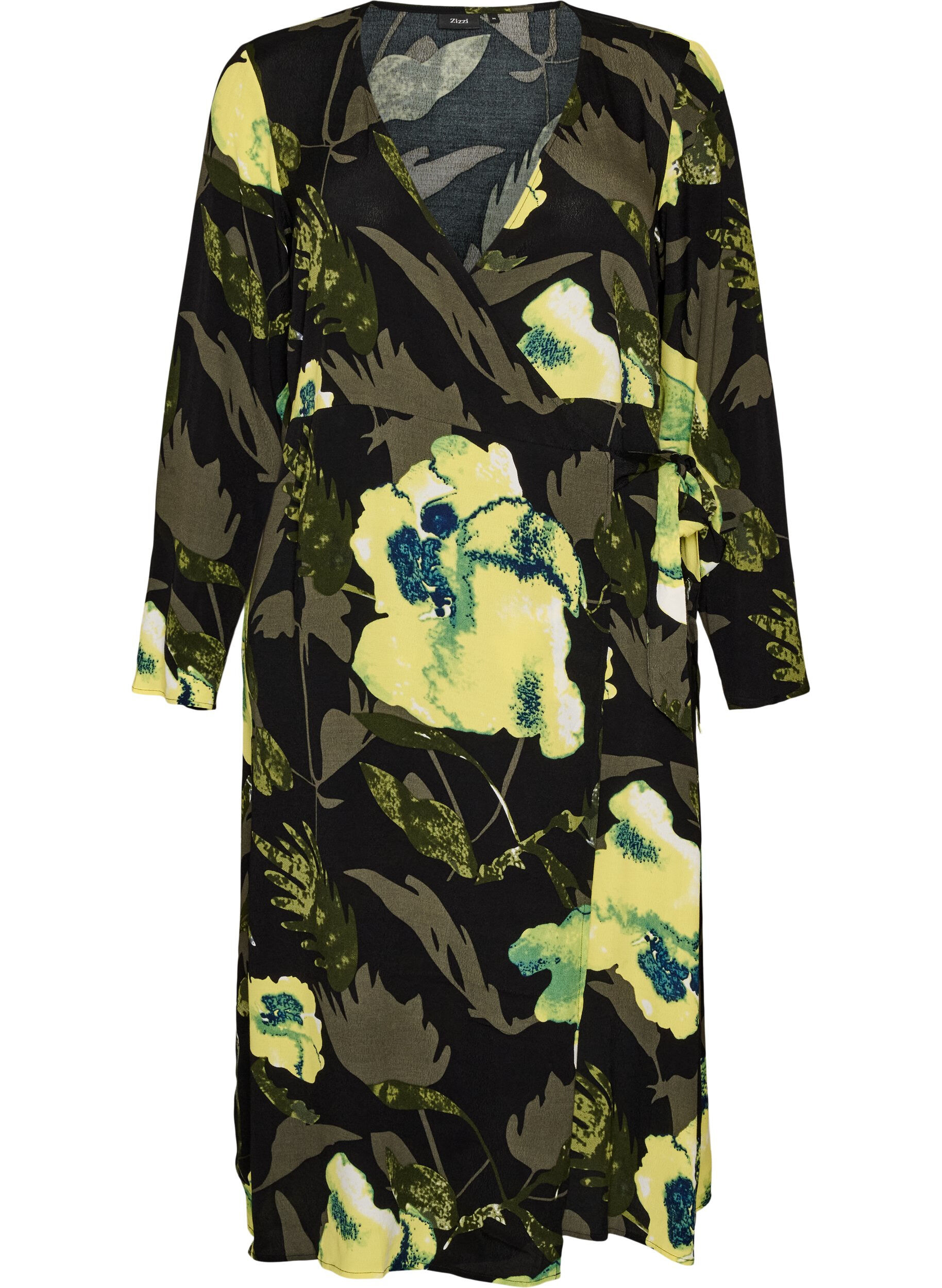 ZizziBloemen wikkeljurk in viscose met een strikceintuur, Zwart, Packshot image number 0