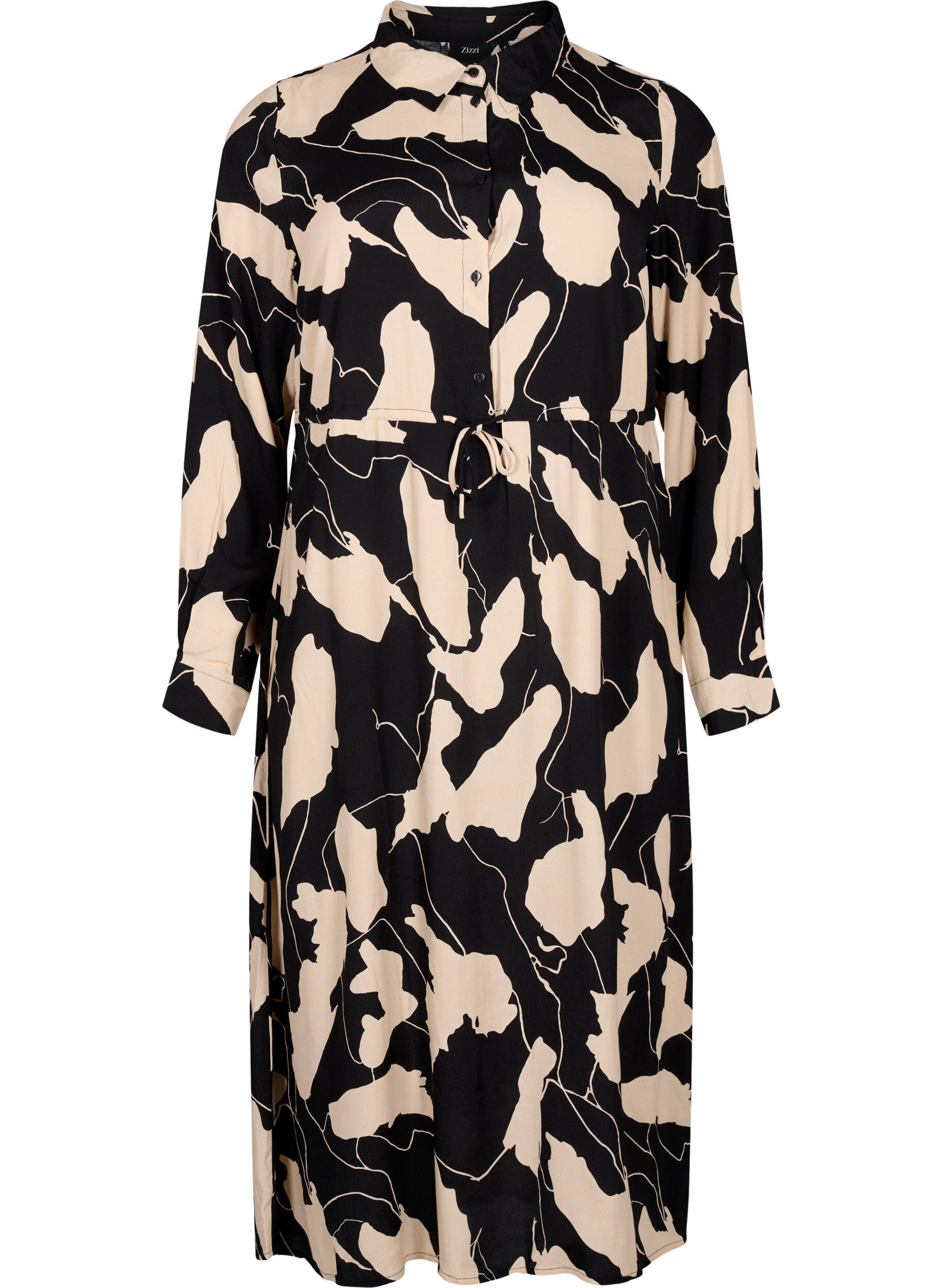 Zizzi Midi-jurk met lange mouwen in viscose met print, Black AOP, Packshot image number 0