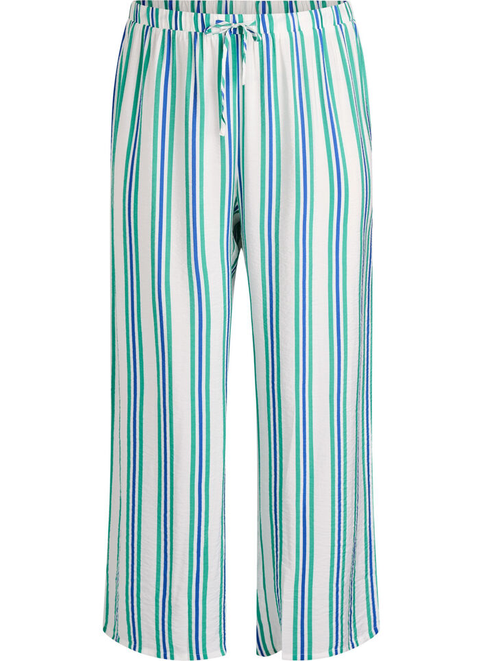Gestreepte broek met hoge taille en wijde pijpen, Vanille, Packshot image number 0