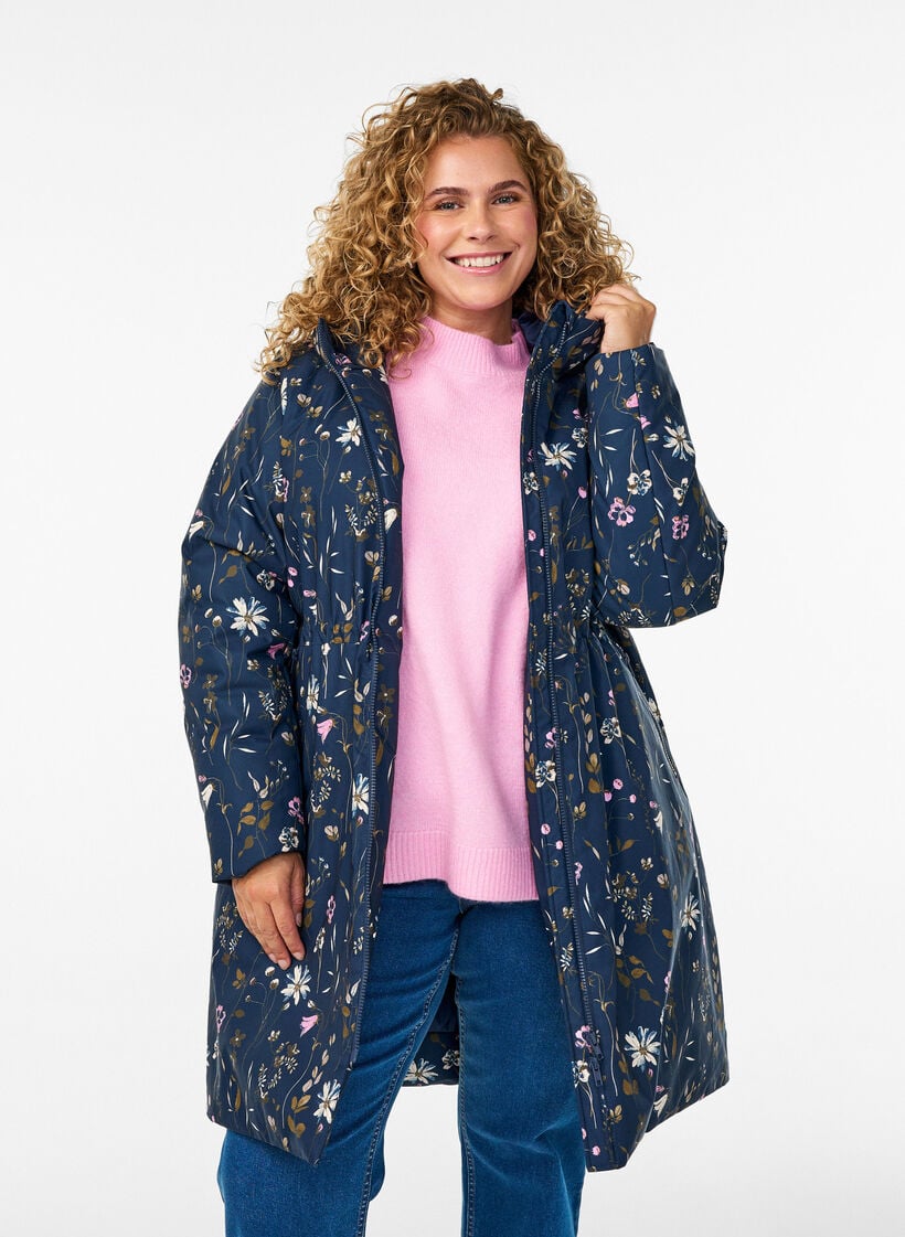 Gewatteerde winterjas met bloemenprint, Blauw, Model image number 3
