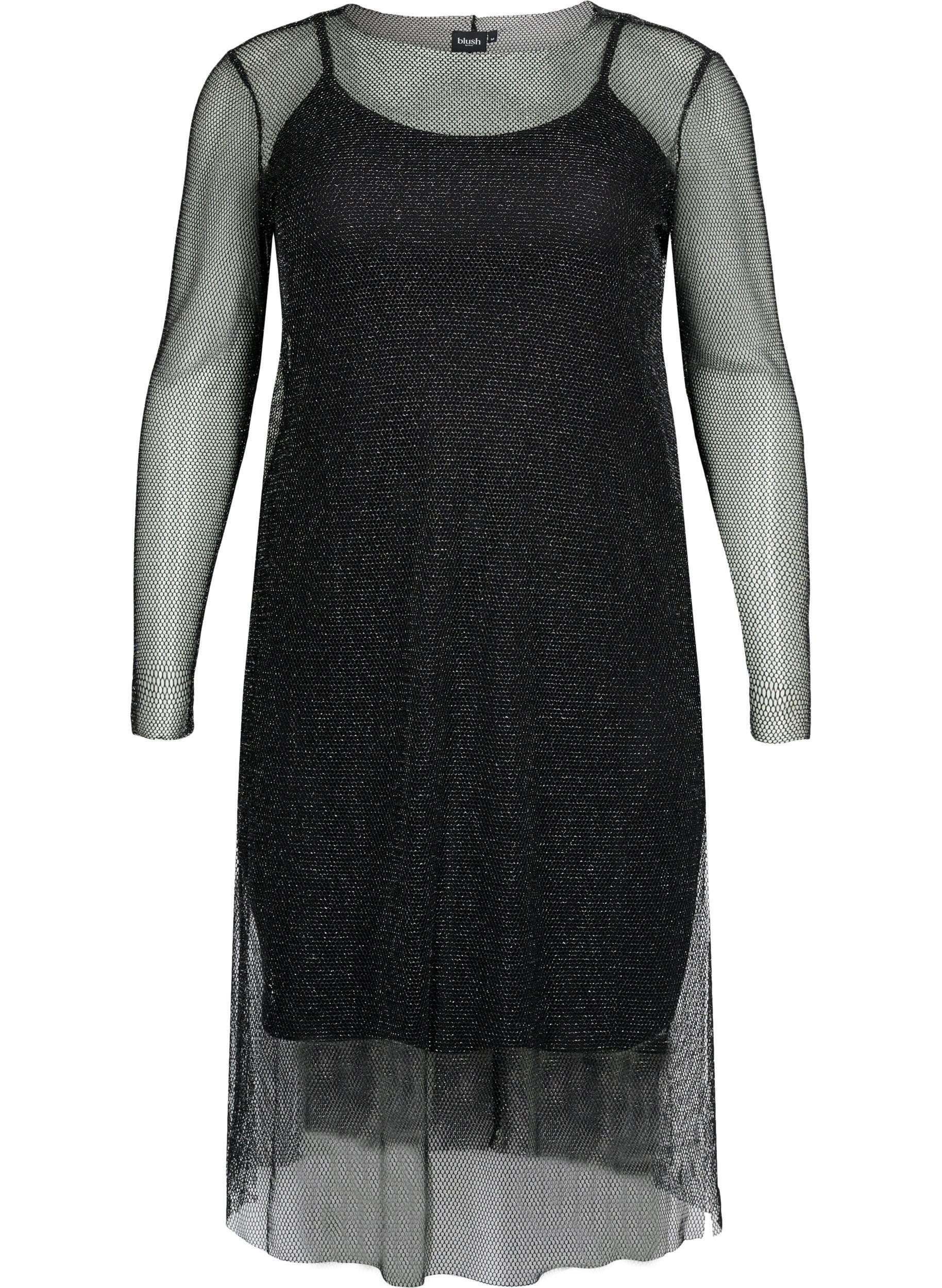 Zizzi Net-jurk met lange mouwen, Black w. Silver, Packshot image number 0