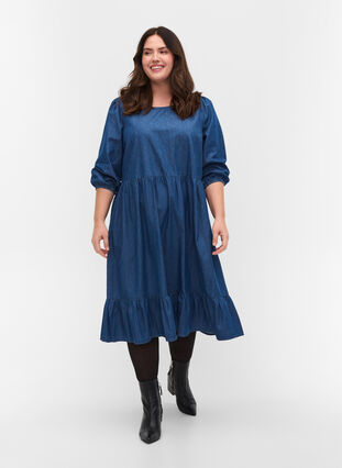 Denim jurk van katoen met 3/4 mouwen, Blue, Model image number 2