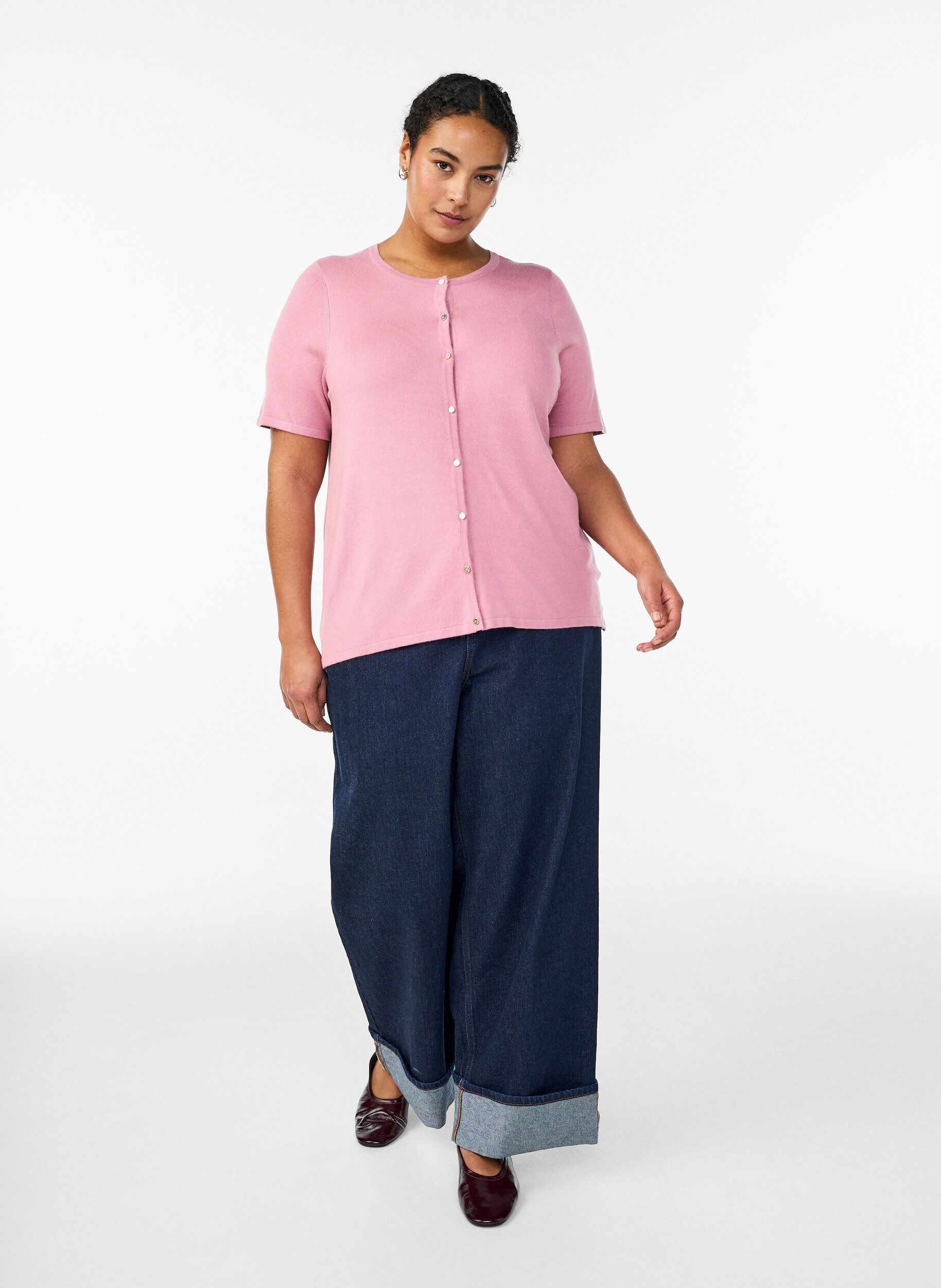 Zizzi Kort&auml;rmede gebreide vest van viscose, Roze, Model image number 1