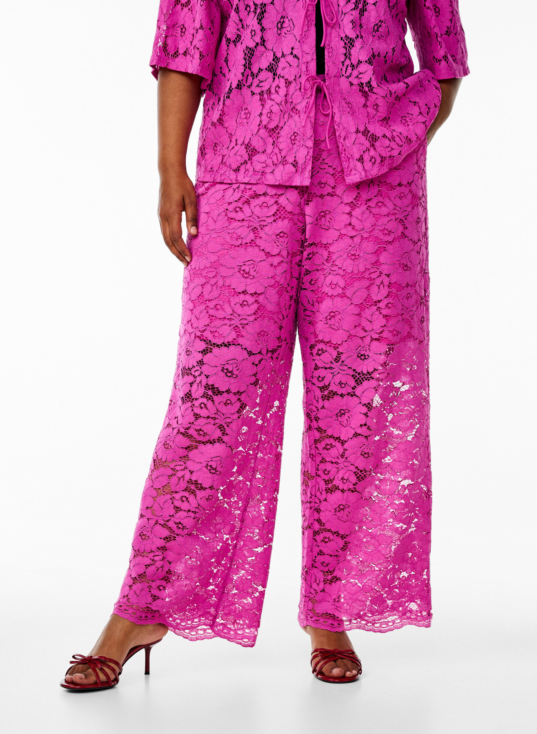 Zizzi Kanten broek met hoge taille en zakken, Roze, Model image number 2