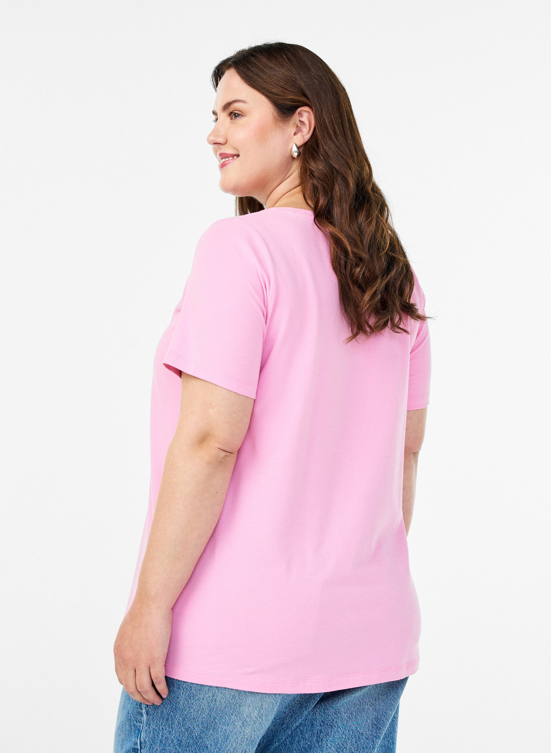 Zizzi Effen basis T-shirt van katoen, Roze, Model image number 2