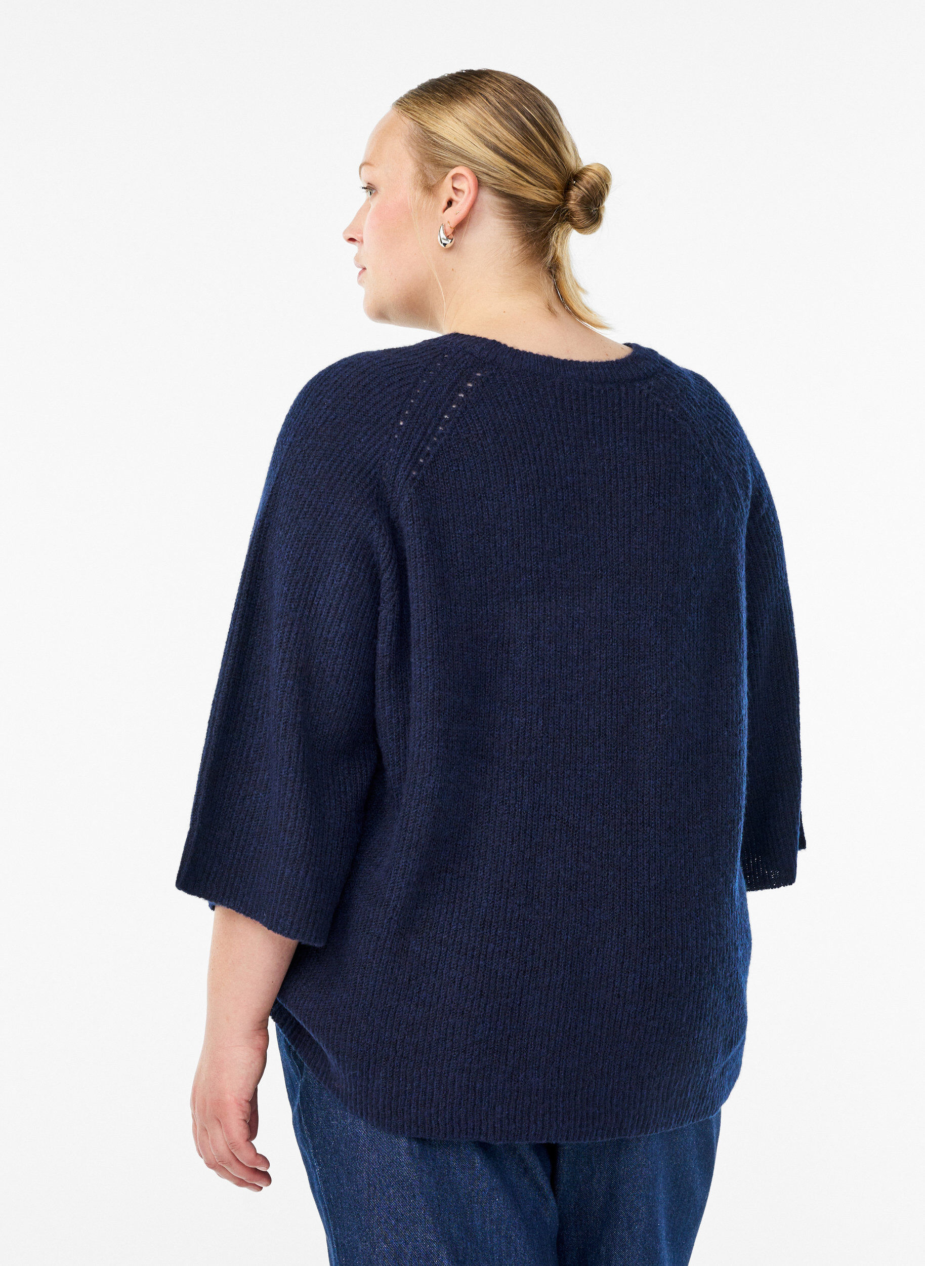 ZizziGeribde trui met 3/4 mouwen, Blauw, Model image number 2