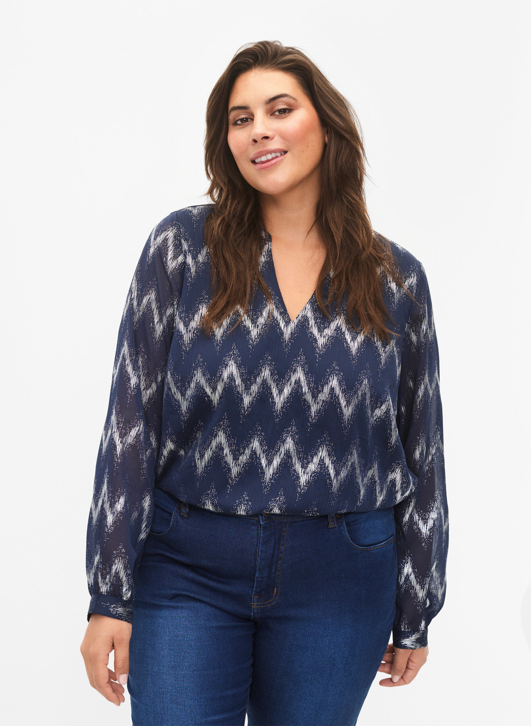 Zizzi Bedrukte blouse met V-halslijn, Blauw, Model image number 0