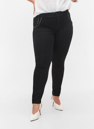Super slanke Amy jeans met stud detail, Black, Model image number 2