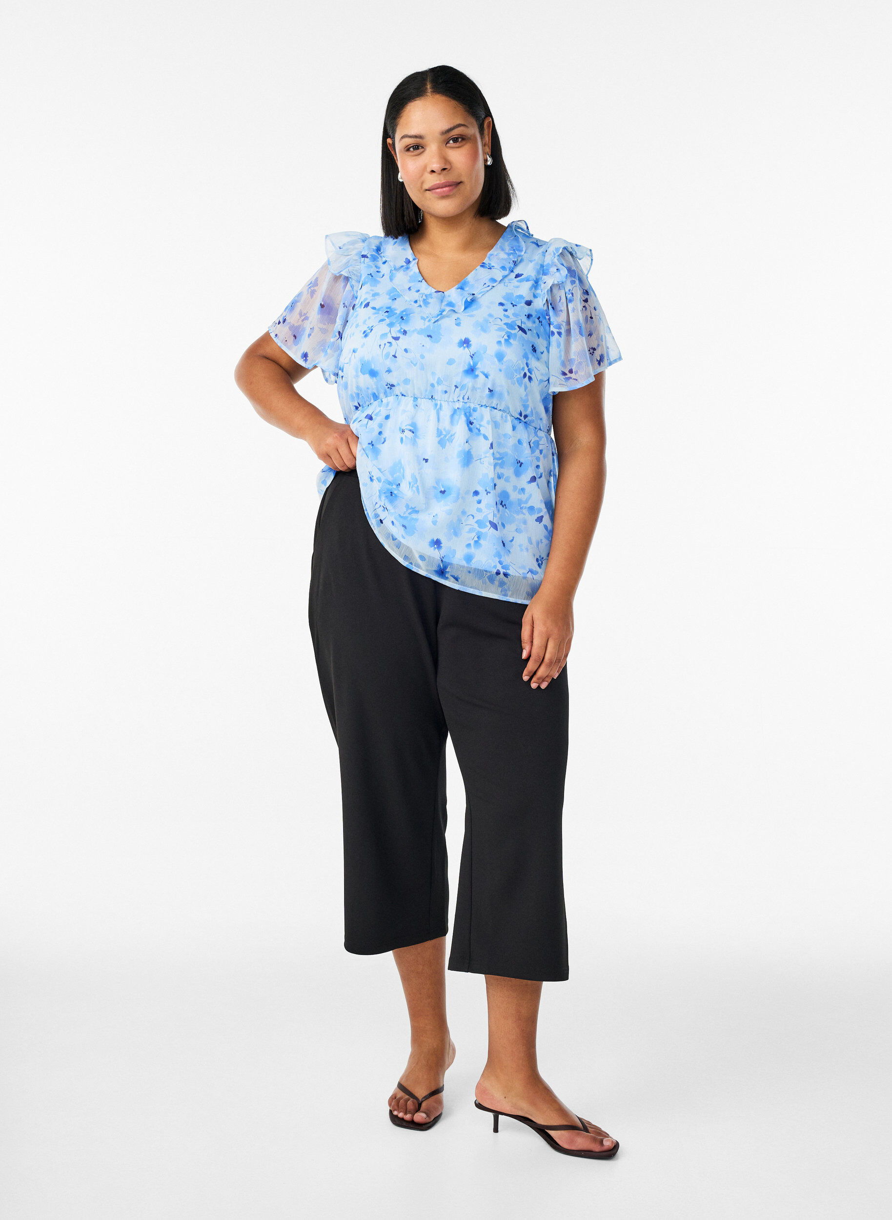 ZizziBloemenblouse met rucheskraag en peplum effect, Blauw, Model image number 1