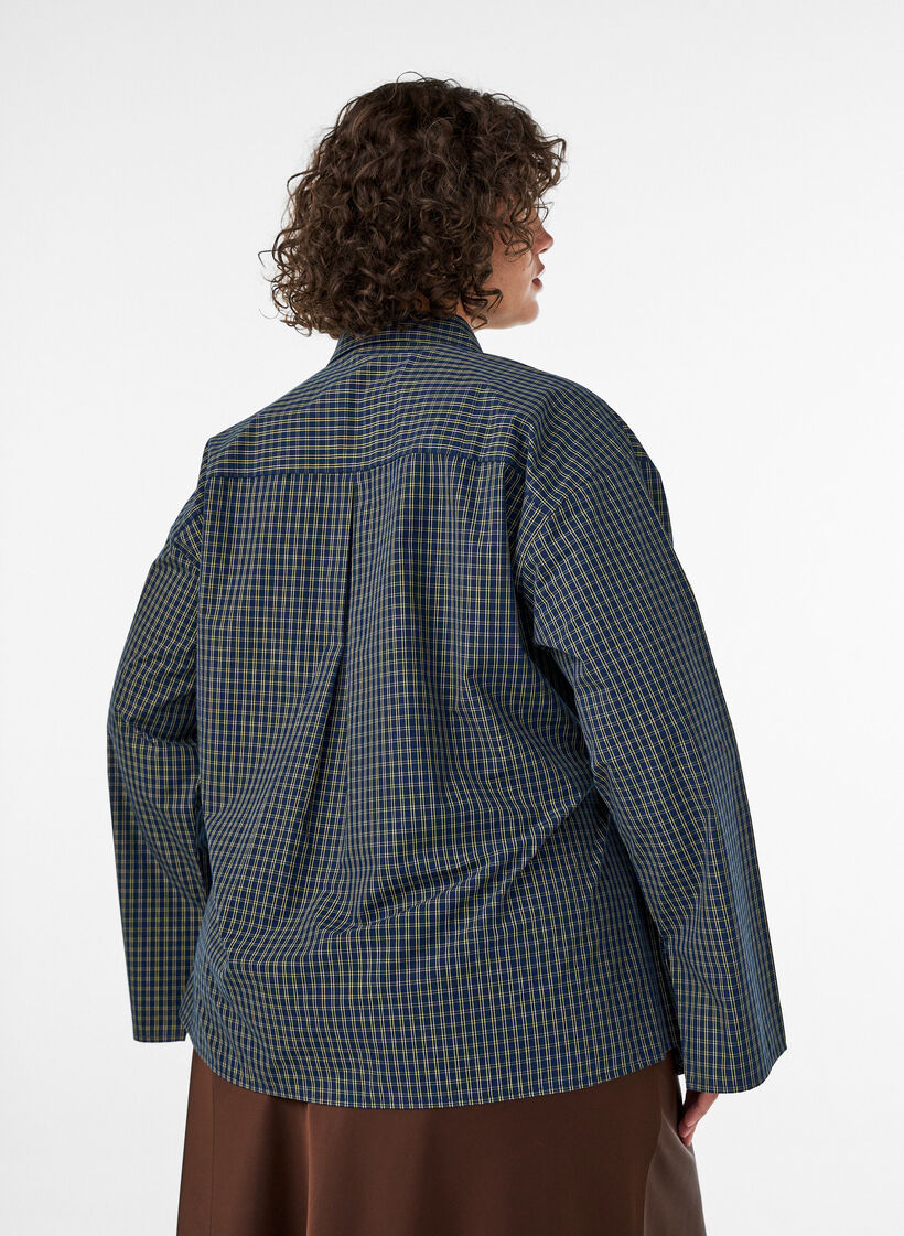 Katoenen overhemd met ruitpatroon en onzichtbare knoopsluiting, Blauw, Model image number 2