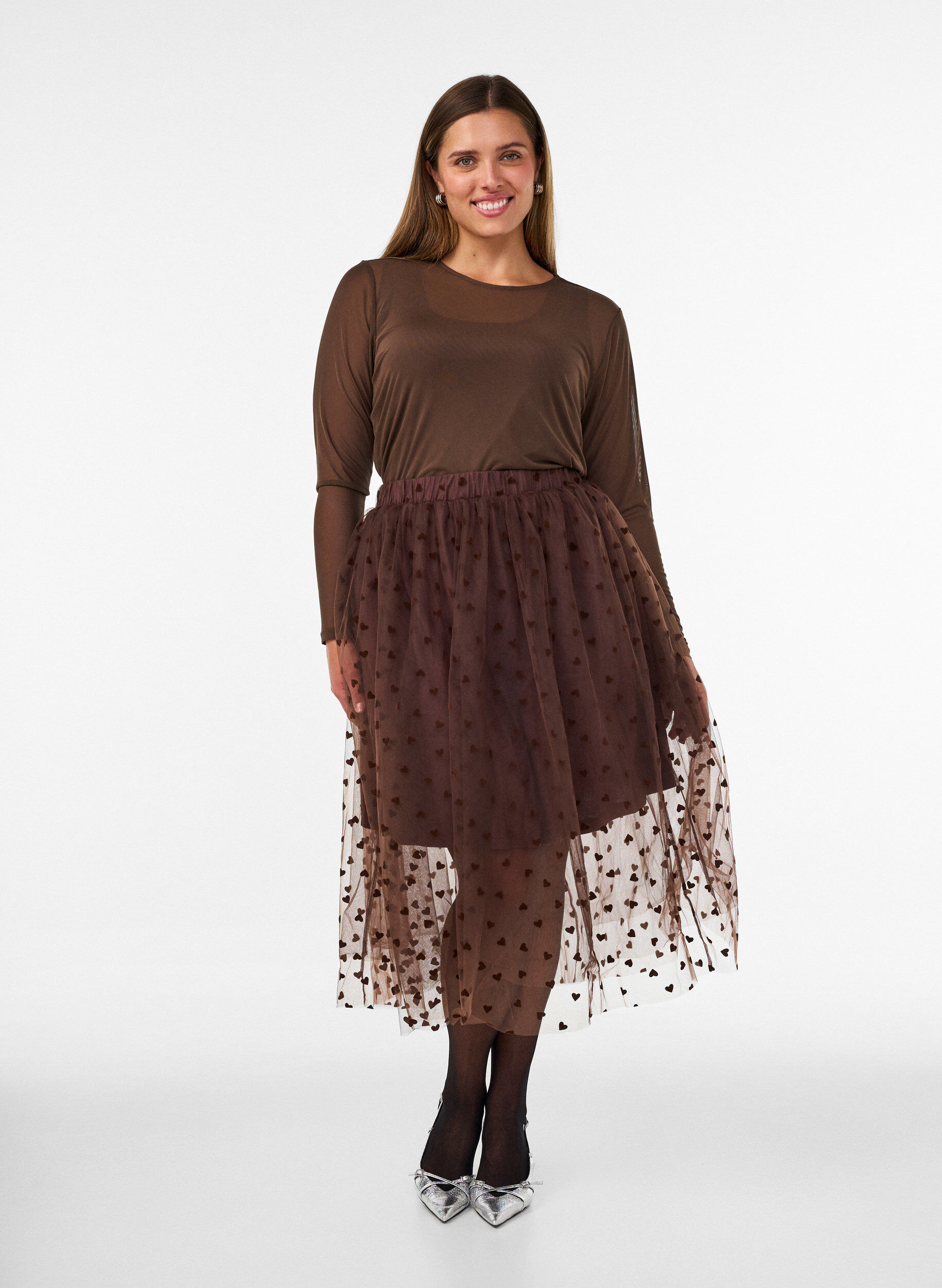 ZizziMidi-tule rok met hartjes, Bruin, Model image number 1