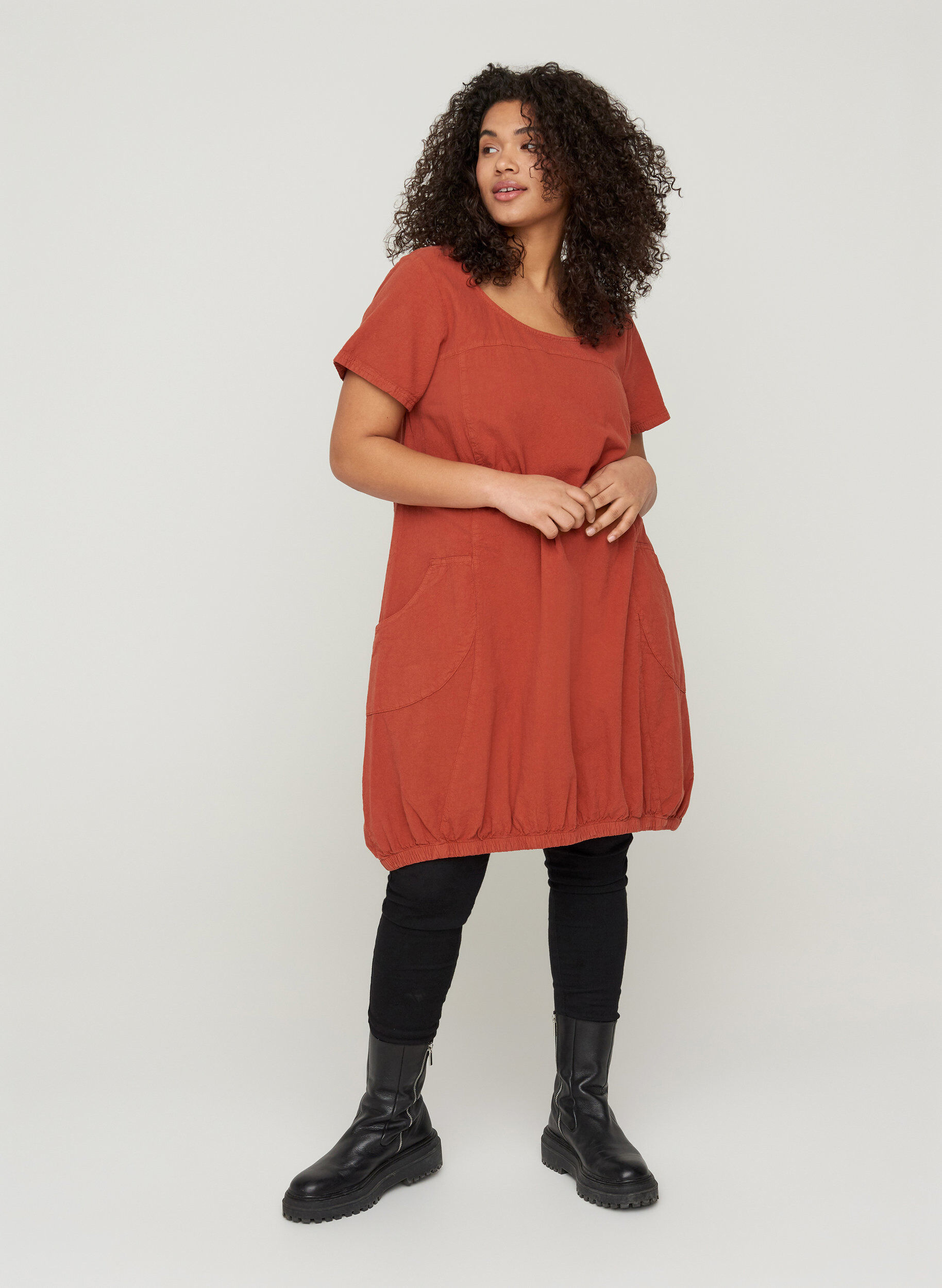 Zizzi Katoenen jurk met korte mouwen, Oranje, Model image number 1
