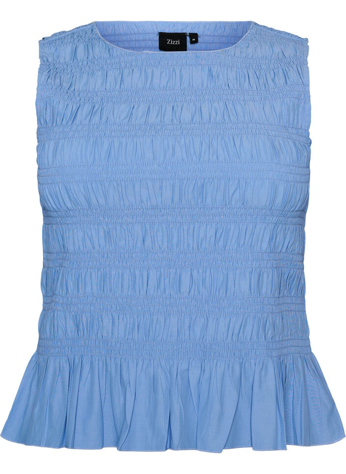Smocktop met boothals en peplumzoom, Blauw, Packshot image number 0